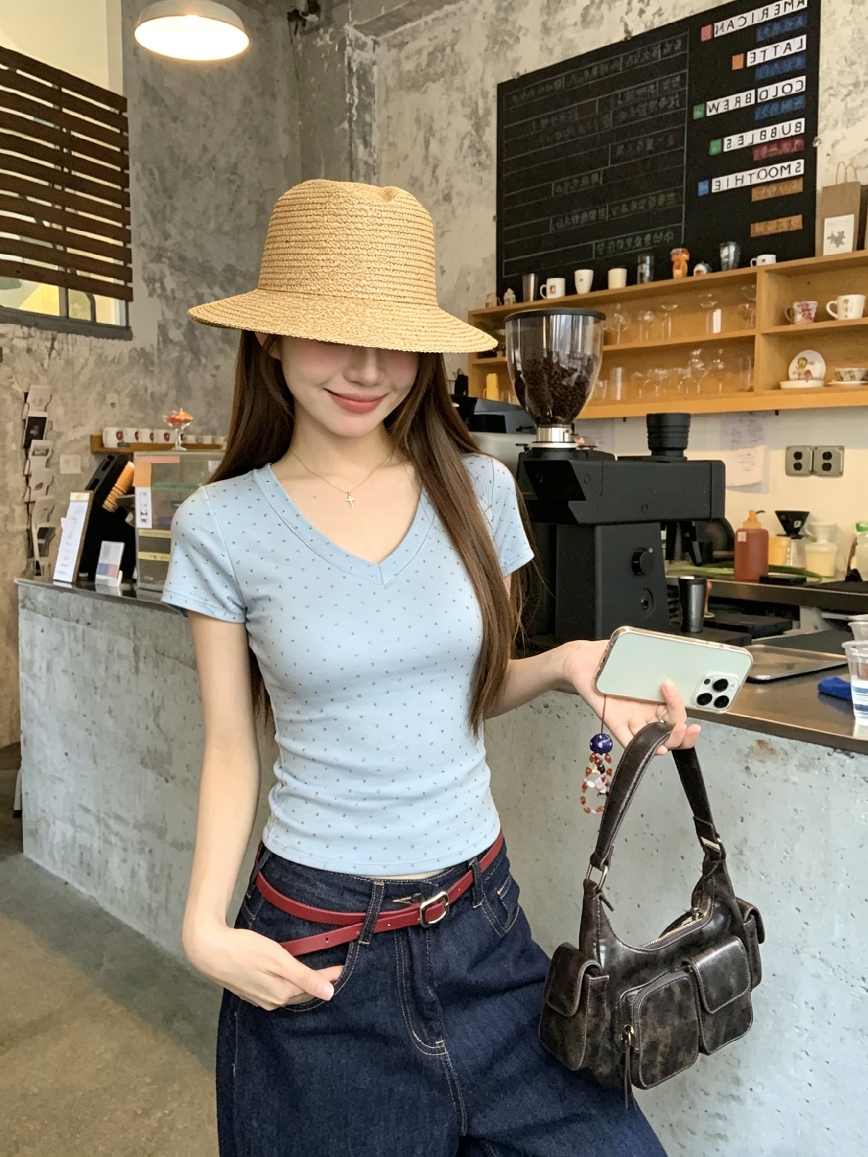 정가 실사 아메리칸 레트로 디자인 센스 V넥 핫픽스 반팔 티셔츠 여성 여름 새로운 몸매 가꾸기 맨위 상세 이미지 9