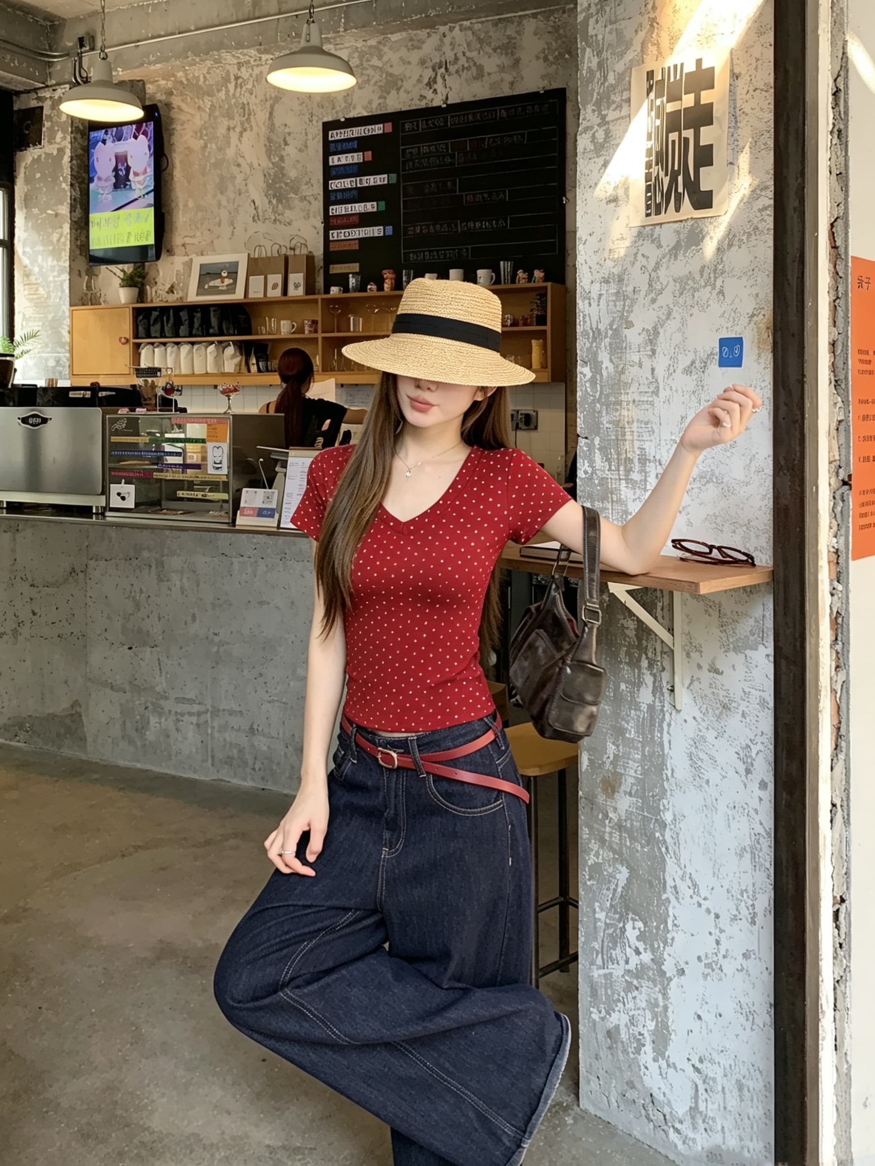 정가 실사 아메리칸 레트로 디자인 센스 V넥 핫픽스 반팔 티셔츠 여성 여름 새로운 몸매 가꾸기 맨위 상세 이미지 13