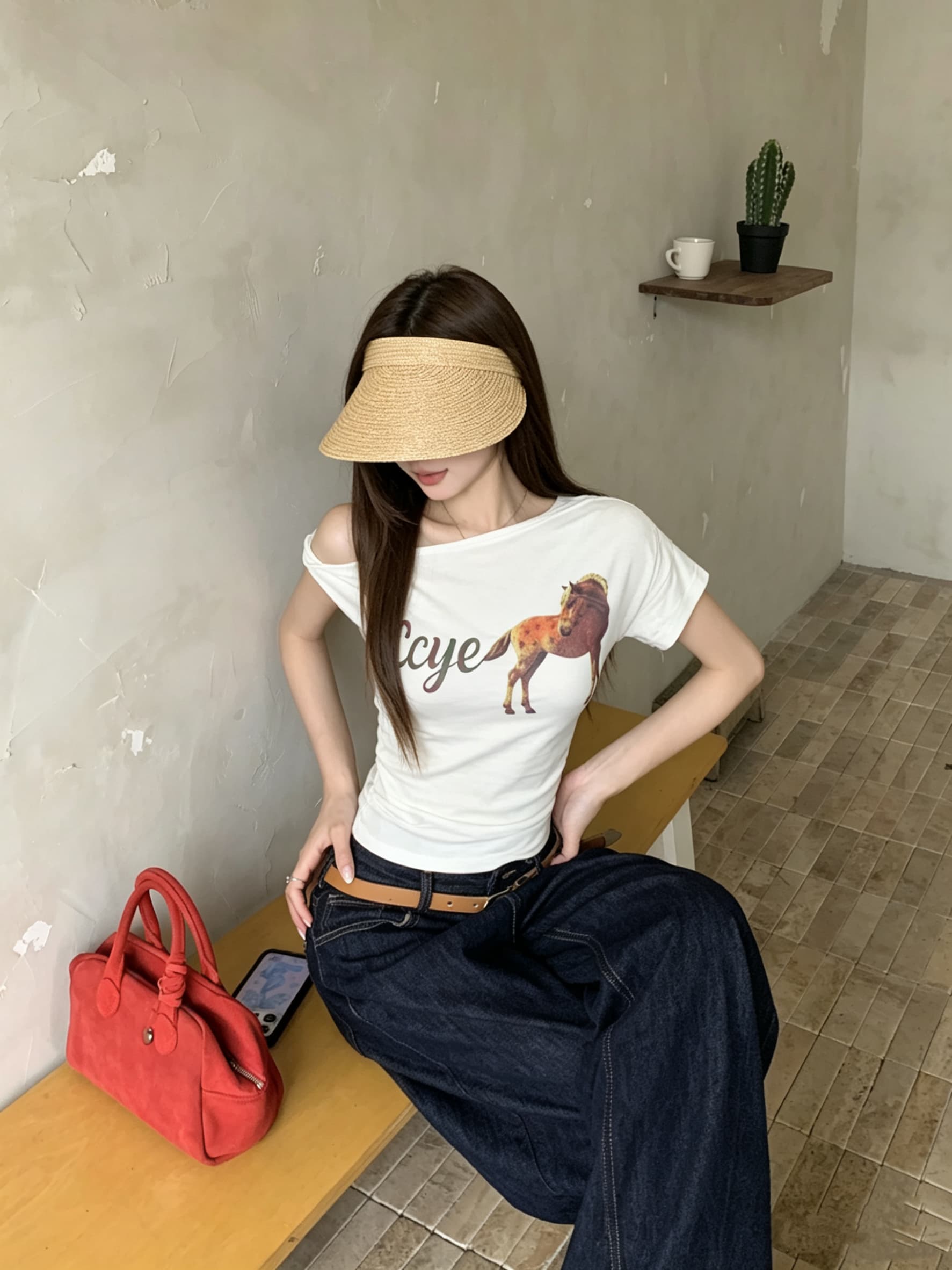 정가 실사 디자인 센스 비스듬한 어깨 말 프린트 반팔 티셔츠 순수한 욕망 품격 몸매 가꾸기 슬림해 보이는 비대칭 맨위 상세 이미지 1