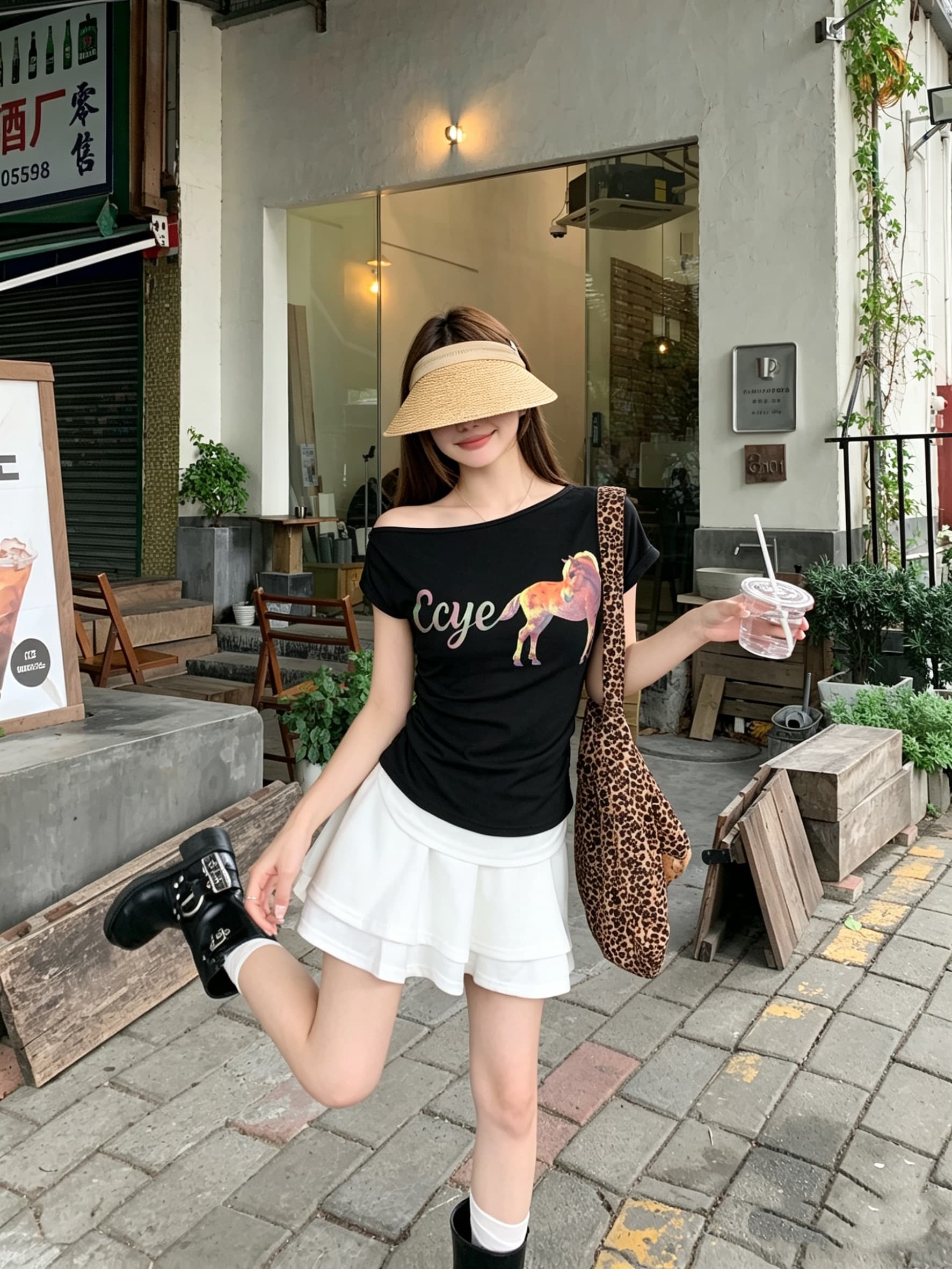정가 실사 디자인 센스 비스듬한 어깨 말 프린트 반팔 티셔츠 순수한 욕망 품격 몸매 가꾸기 슬림해 보이는 비대칭 맨위 상세 이미지 2