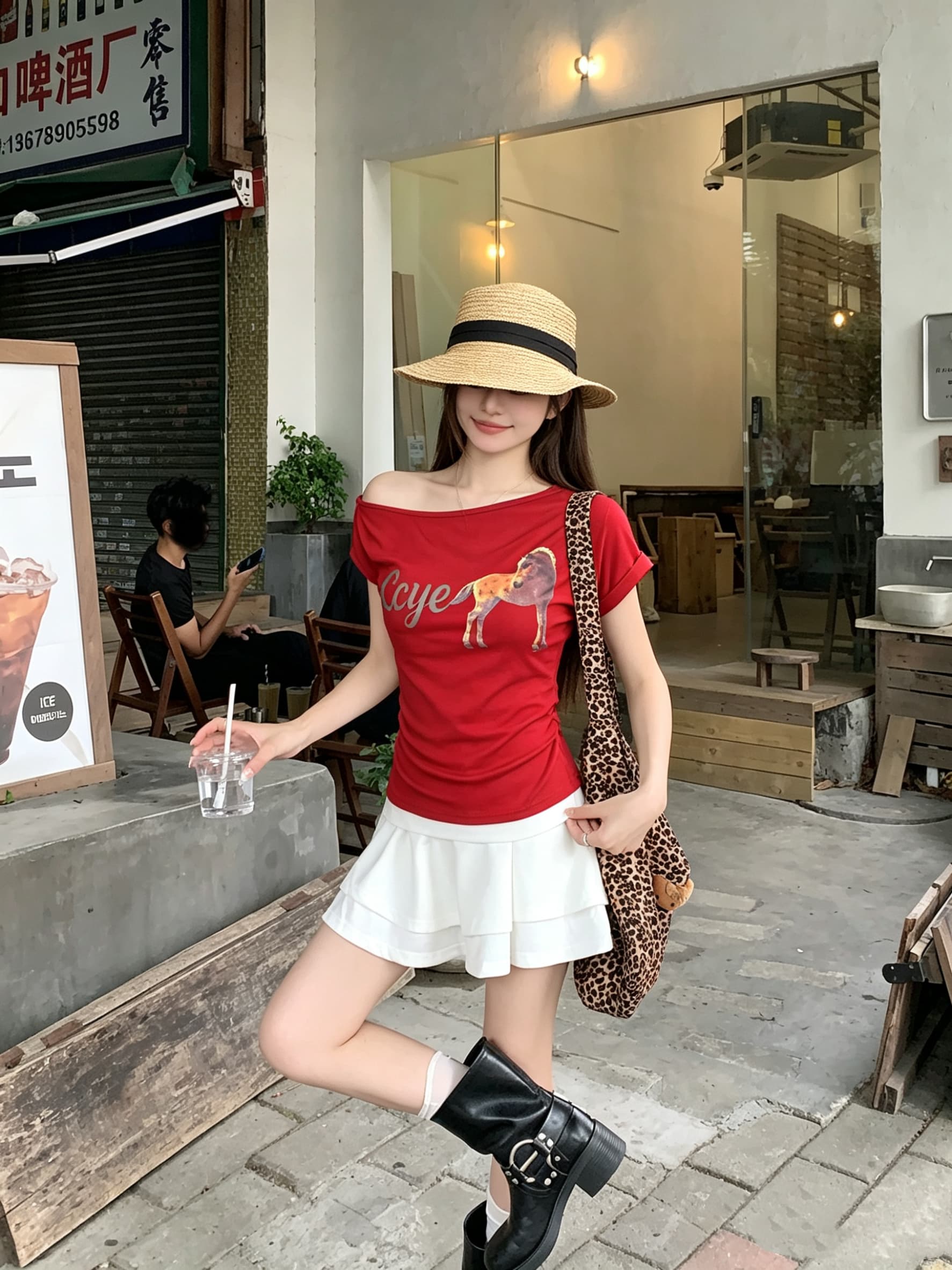 정가 실사 디자인 센스 비스듬한 어깨 말 프린트 반팔 티셔츠 순수한 욕망 품격 몸매 가꾸기 슬림해 보이는 비대칭 맨위 상세 이미지 3