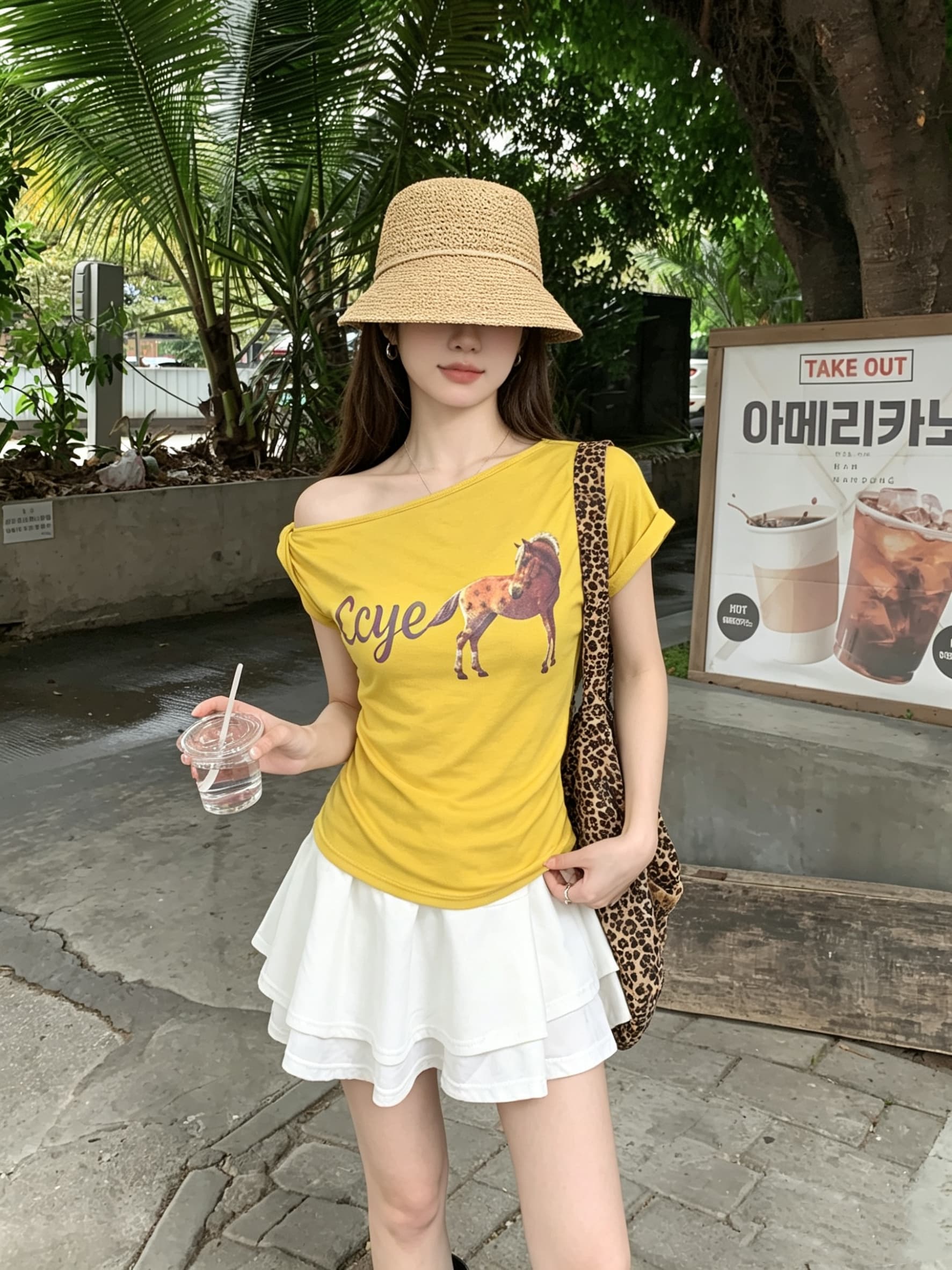 정가 실사 디자인 센스 비스듬한 어깨 말 프린트 반팔 티셔츠 순수한 욕망 품격 몸매 가꾸기 슬림해 보이는 비대칭 맨위 상세 이미지 4