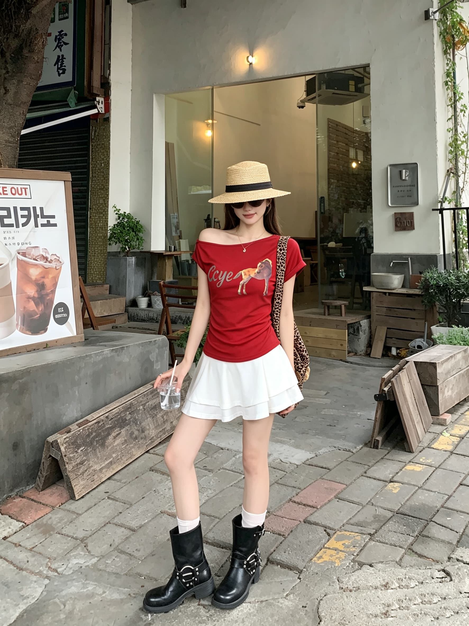 정가 실사 디자인 센스 비스듬한 어깨 말 프린트 반팔 티셔츠 순수한 욕망 품격 몸매 가꾸기 슬림해 보이는 비대칭 맨위 상세 이미지 5