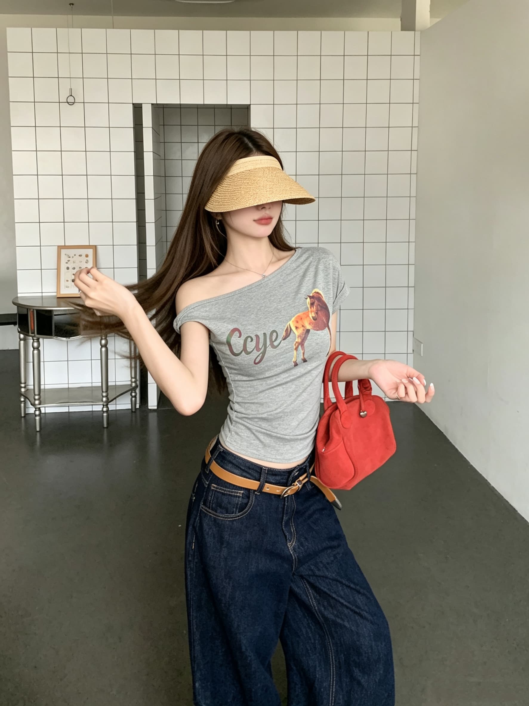 정가 실사 디자인 센스 비스듬한 어깨 말 프린트 반팔 티셔츠 순수한 욕망 품격 몸매 가꾸기 슬림해 보이는 비대칭 맨위 상세 이미지 6