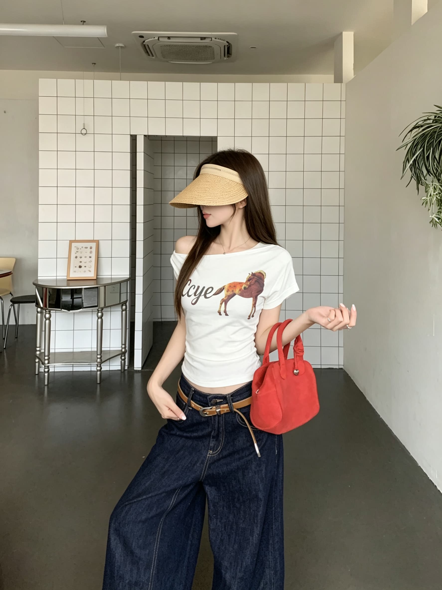 정가 실사 디자인 센스 비스듬한 어깨 말 프린트 반팔 티셔츠 순수한 욕망 품격 몸매 가꾸기 슬림해 보이는 비대칭 맨위 상세 이미지 9