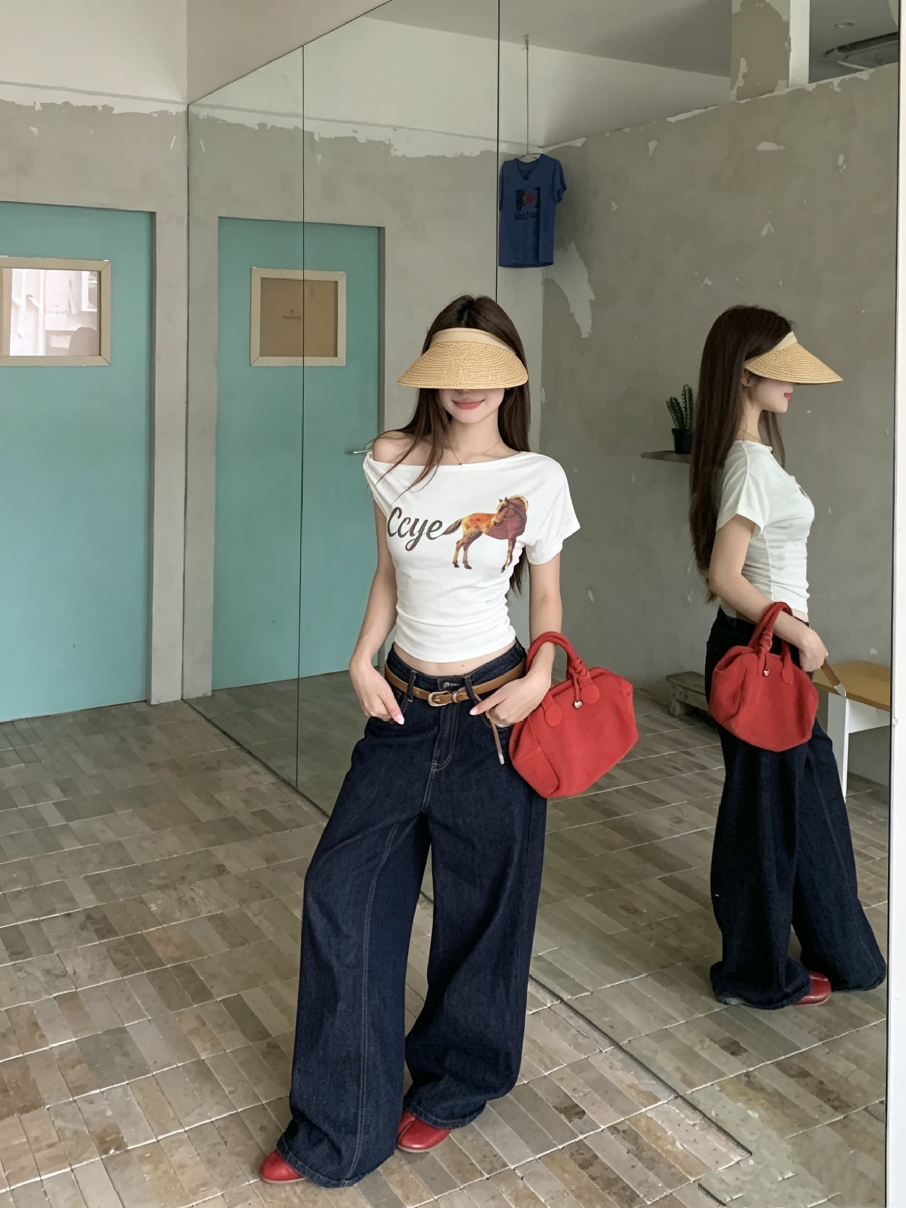 정가 실사 디자인 센스 비스듬한 어깨 말 프린트 반팔 티셔츠 순수한 욕망 품격 몸매 가꾸기 슬림해 보이는 비대칭 맨위 상세 이미지 10