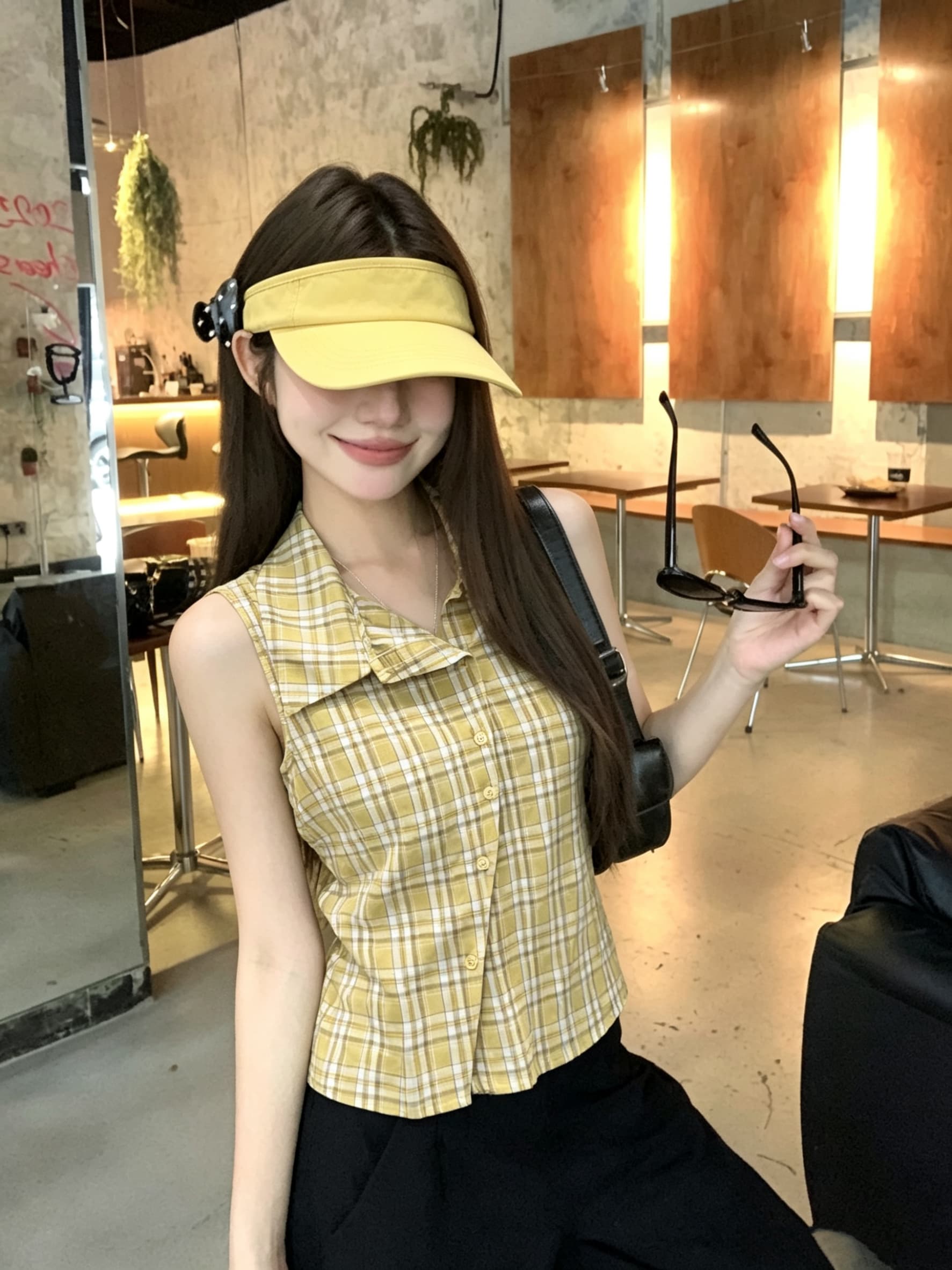 정가 실사 디자인 센스 폴로 칼라 민소매 여성 셔츠 여름 새로운 체크무늬 작은 셔츠 캐주얼 다용도 맨위 트렌디 상세 이미지 2