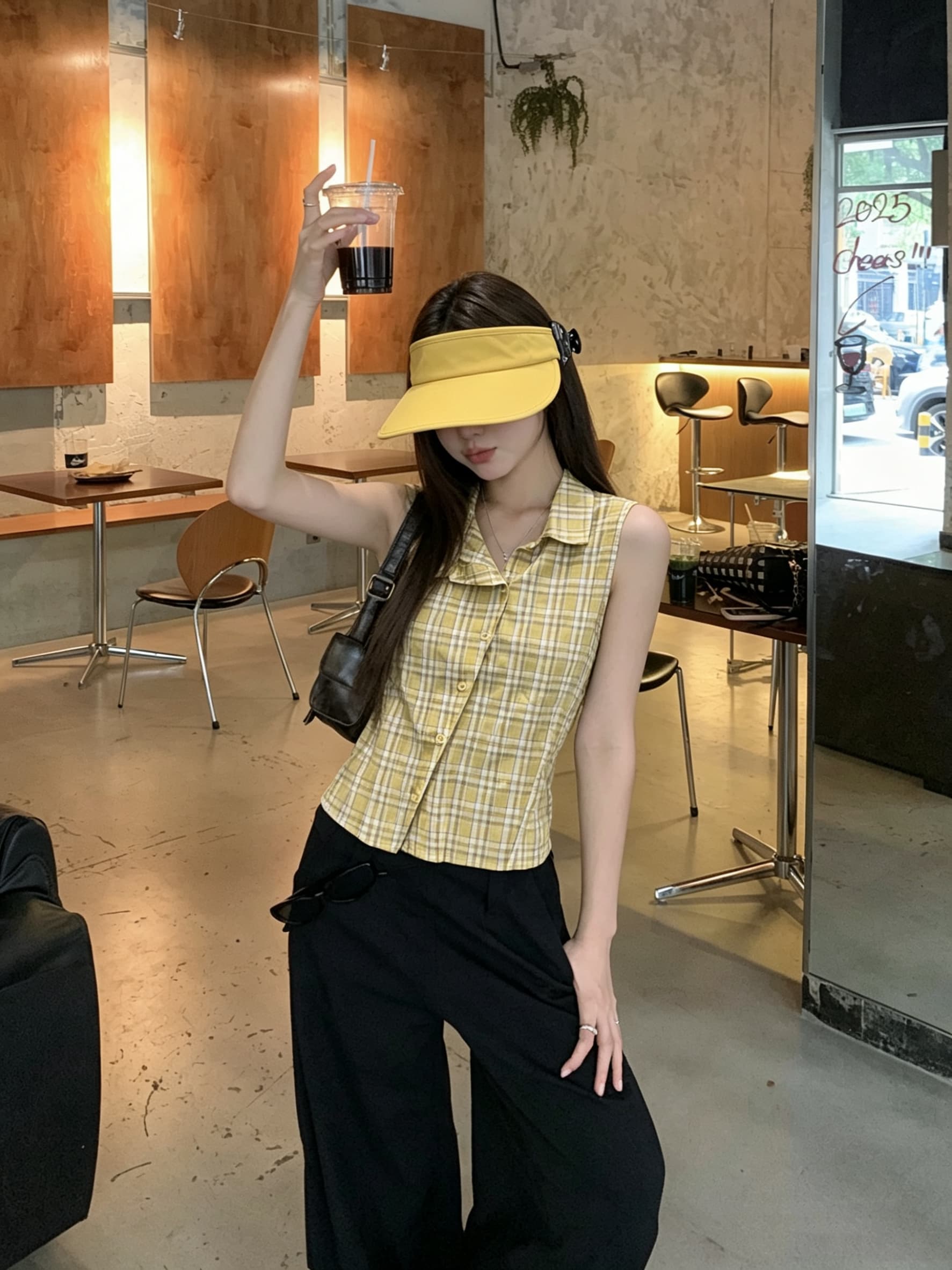 정가 실사 디자인 센스 폴로 칼라 민소매 여성 셔츠 여름 새로운 체크무늬 작은 셔츠 캐주얼 다용도 맨위 트렌디 상세 이미지 3