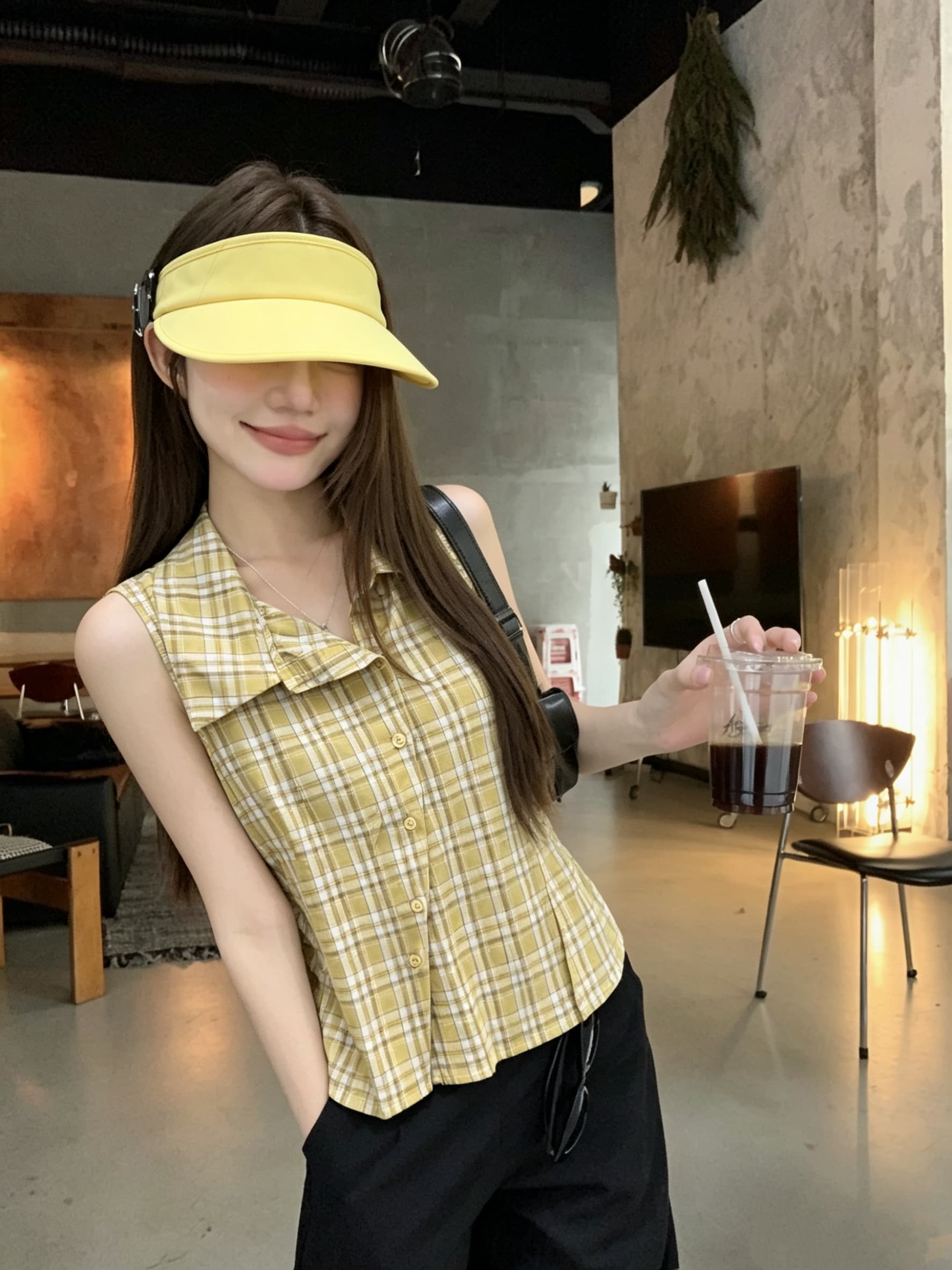 정가 실사 디자인 센스 폴로 칼라 민소매 여성 셔츠 여름 새로운 체크무늬 작은 셔츠 캐주얼 다용도 맨위 트렌디 상세 이미지 5