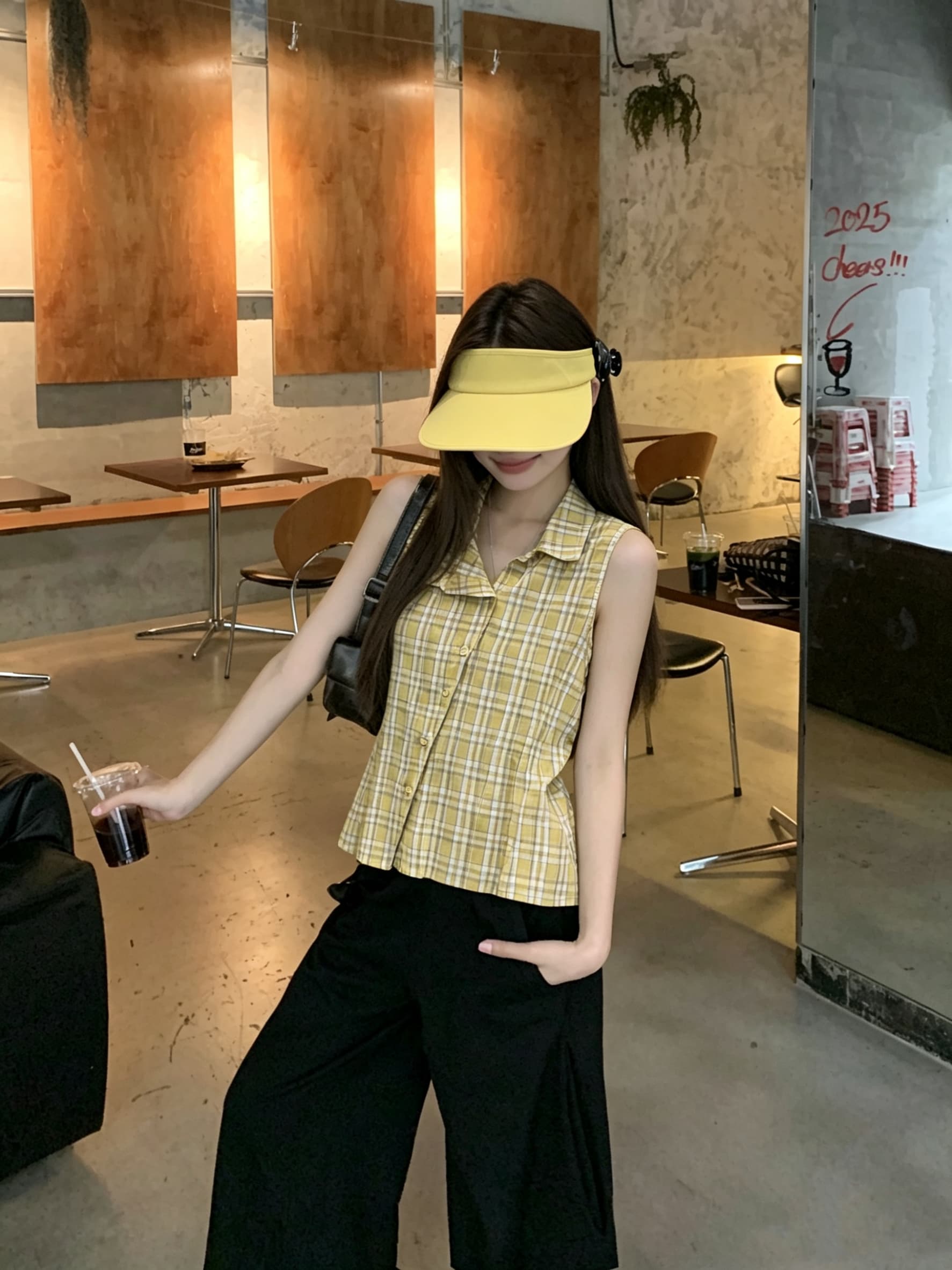 정가 실사 디자인 센스 폴로 칼라 민소매 여성 셔츠 여름 새로운 체크무늬 작은 셔츠 캐주얼 다용도 맨위 트렌디 상세 이미지 7