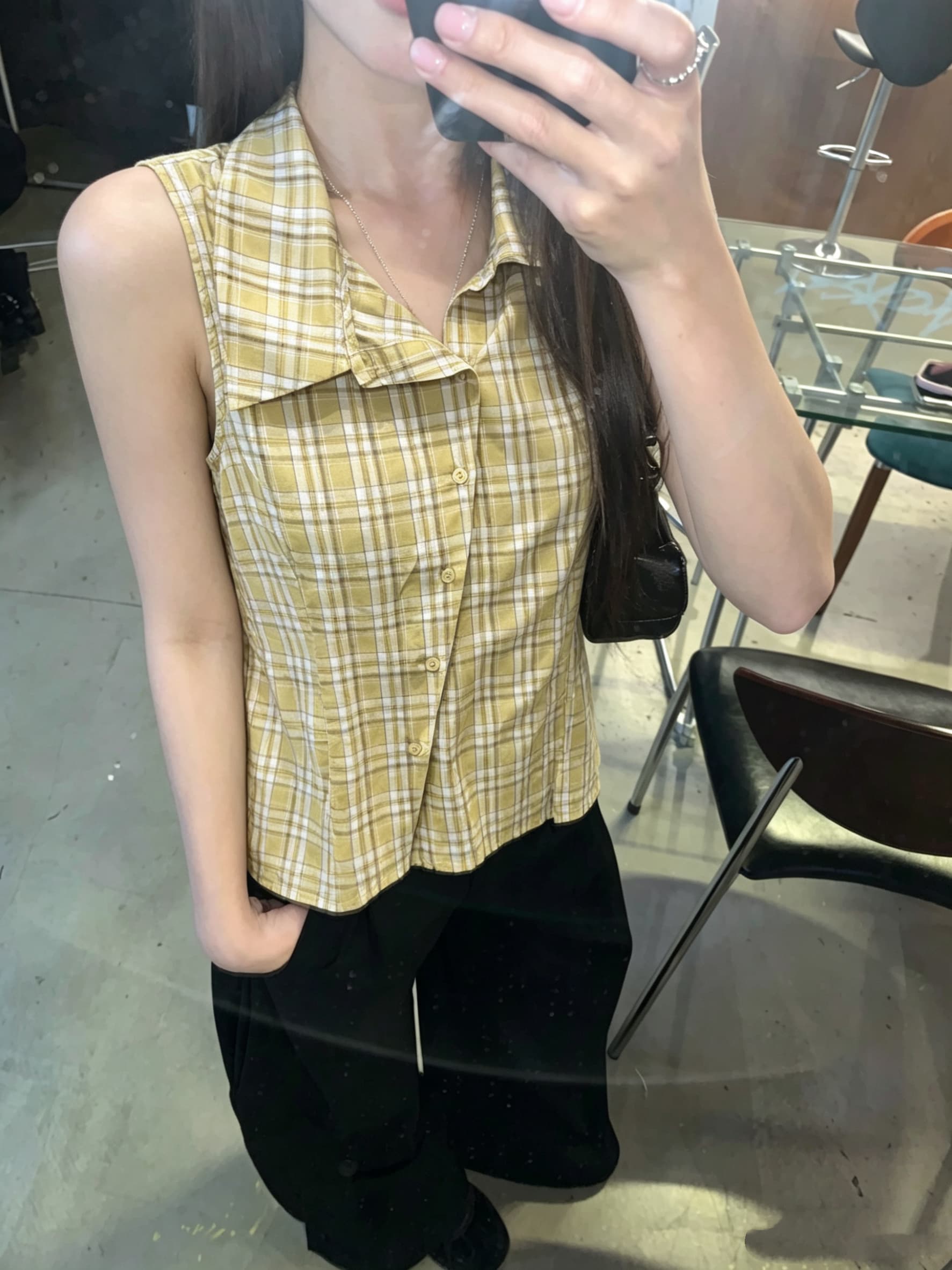 정가 실사 디자인 센스 폴로 칼라 민소매 여성 셔츠 여름 새로운 체크무늬 작은 셔츠 캐주얼 다용도 맨위 트렌디 상세 이미지 10