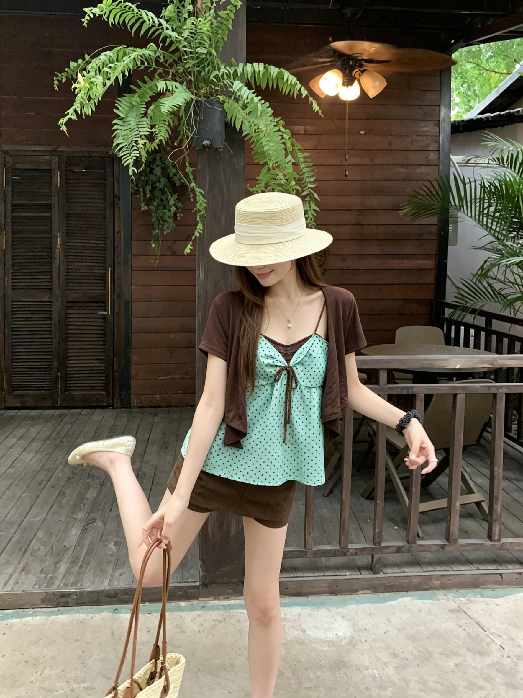 정가 실사 한 부서 도트 무늬 슬립 스트랩 오픈 가디건 세트 여성 여름 민소매 슬림해 보이는 루즈핏 맨위 상세 이미지 1