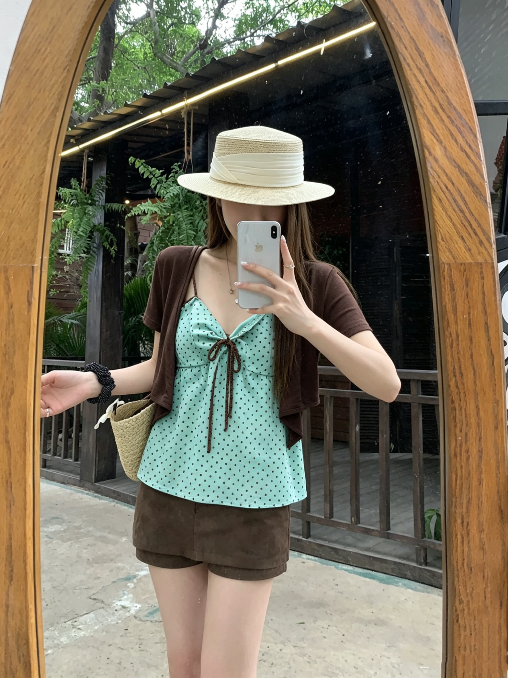 정가 실사 한 부서 도트 무늬 슬립 스트랩 오픈 가디건 세트 여성 여름 민소매 슬림해 보이는 루즈핏 맨위 상세 이미지 4