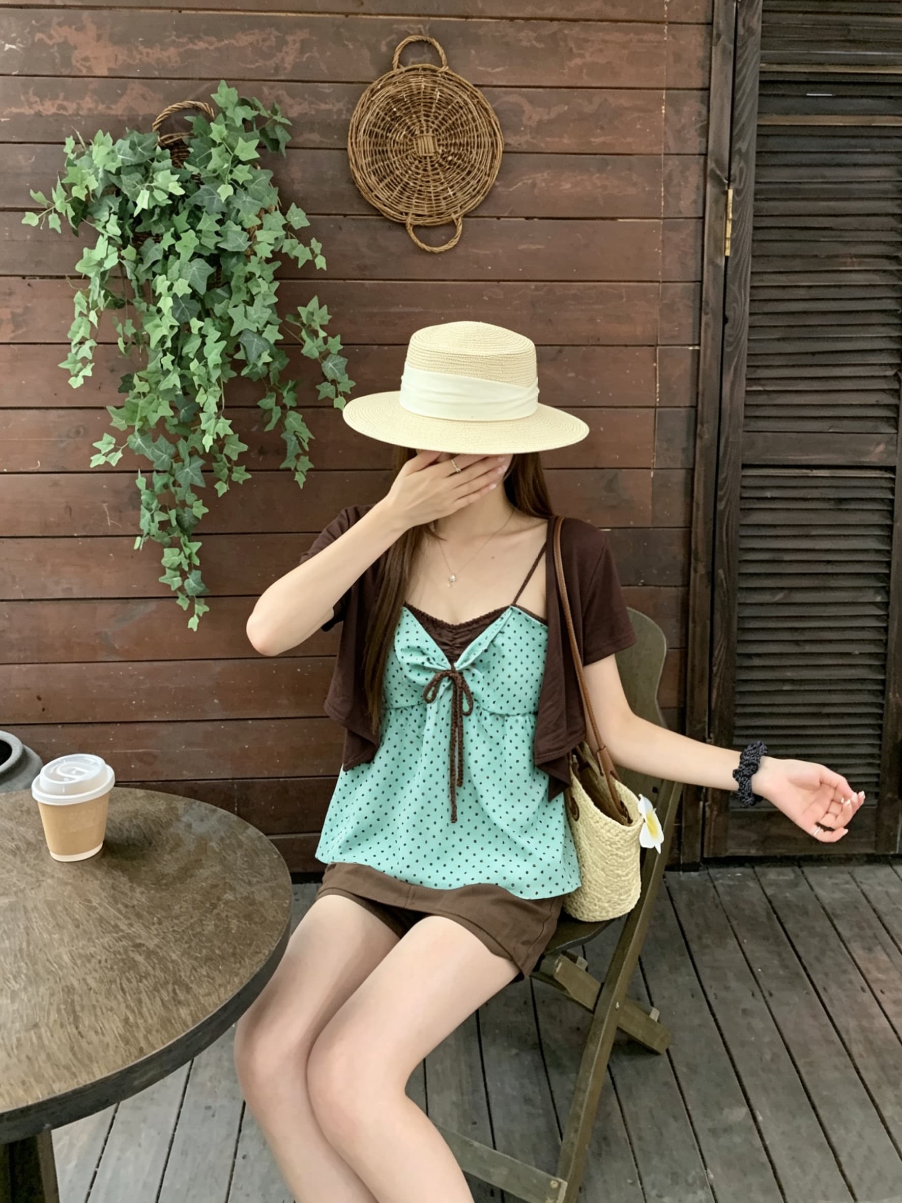 정가 실사 한 부서 도트 무늬 슬립 스트랩 오픈 가디건 세트 여성 여름 민소매 슬림해 보이는 루즈핏 맨위 상세 이미지 11