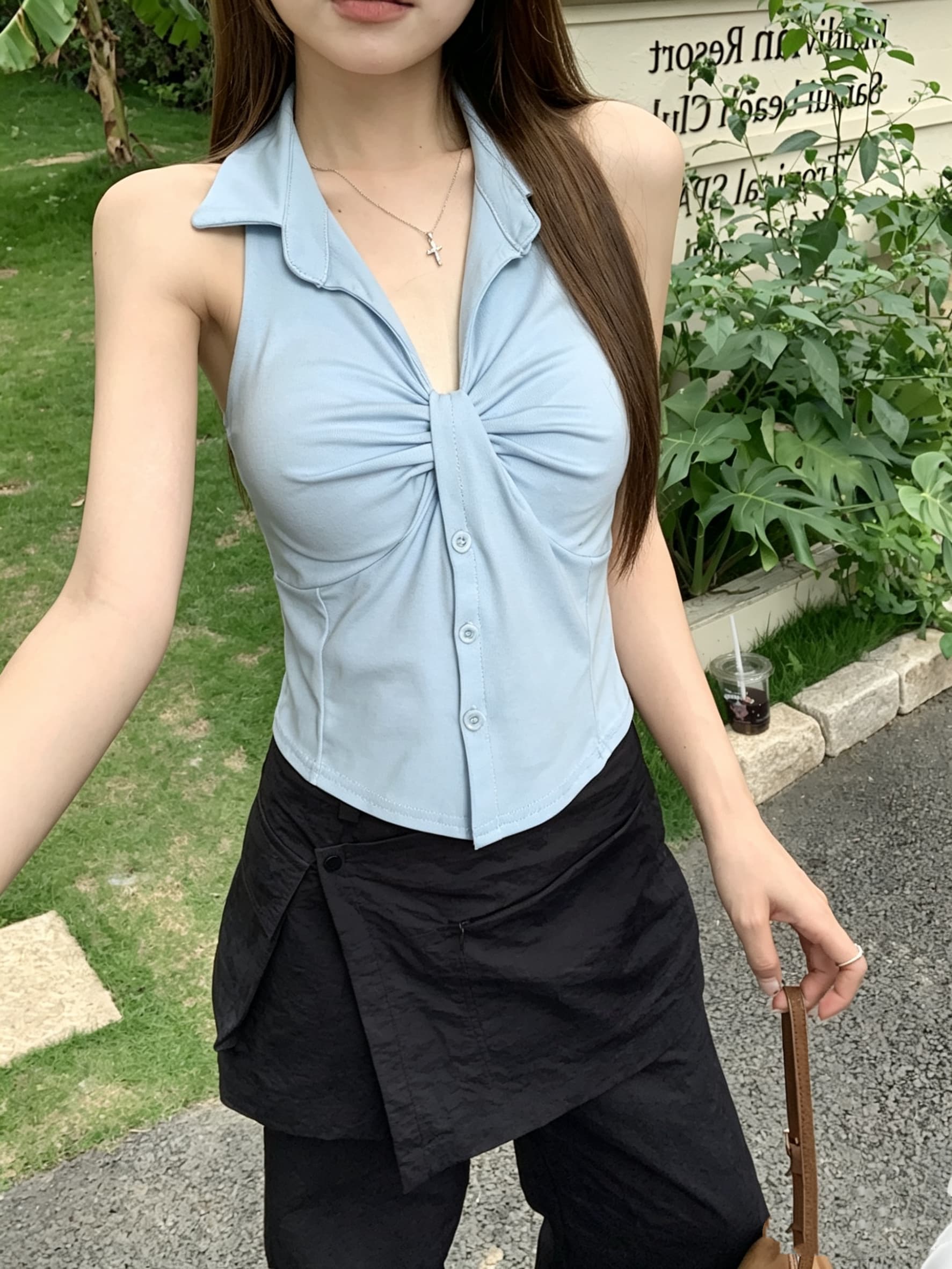 정가 진짜 POLO 칼라 행침 목 캐미솔 외출용 여름 핫걸 V넥 민소매 생선뼈 튜브탑 맨위 아름다운 상세 이미지 14