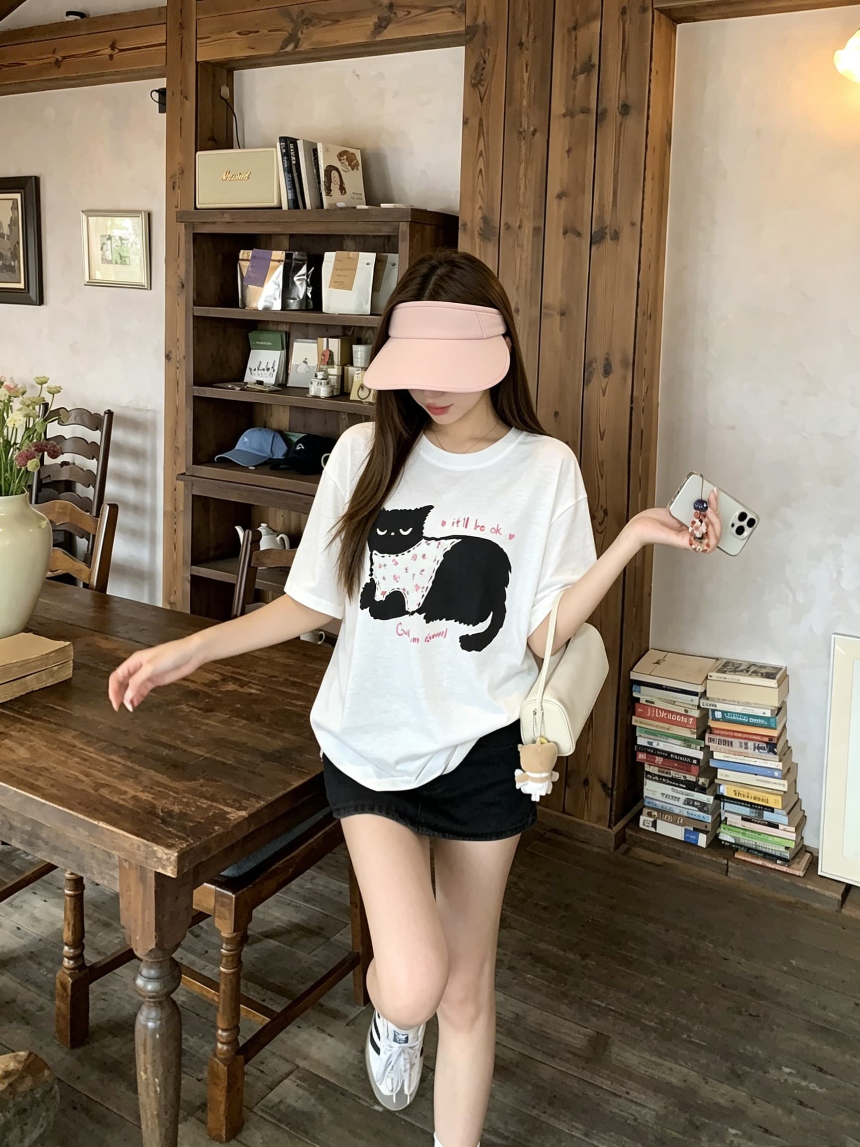 정가 실사 야옹 야옹 일기 고양이 프린트 라운드 넥 티셔츠 여성 여름 한 부서 귀여운 루즈핏 느긋한 센스 맨위