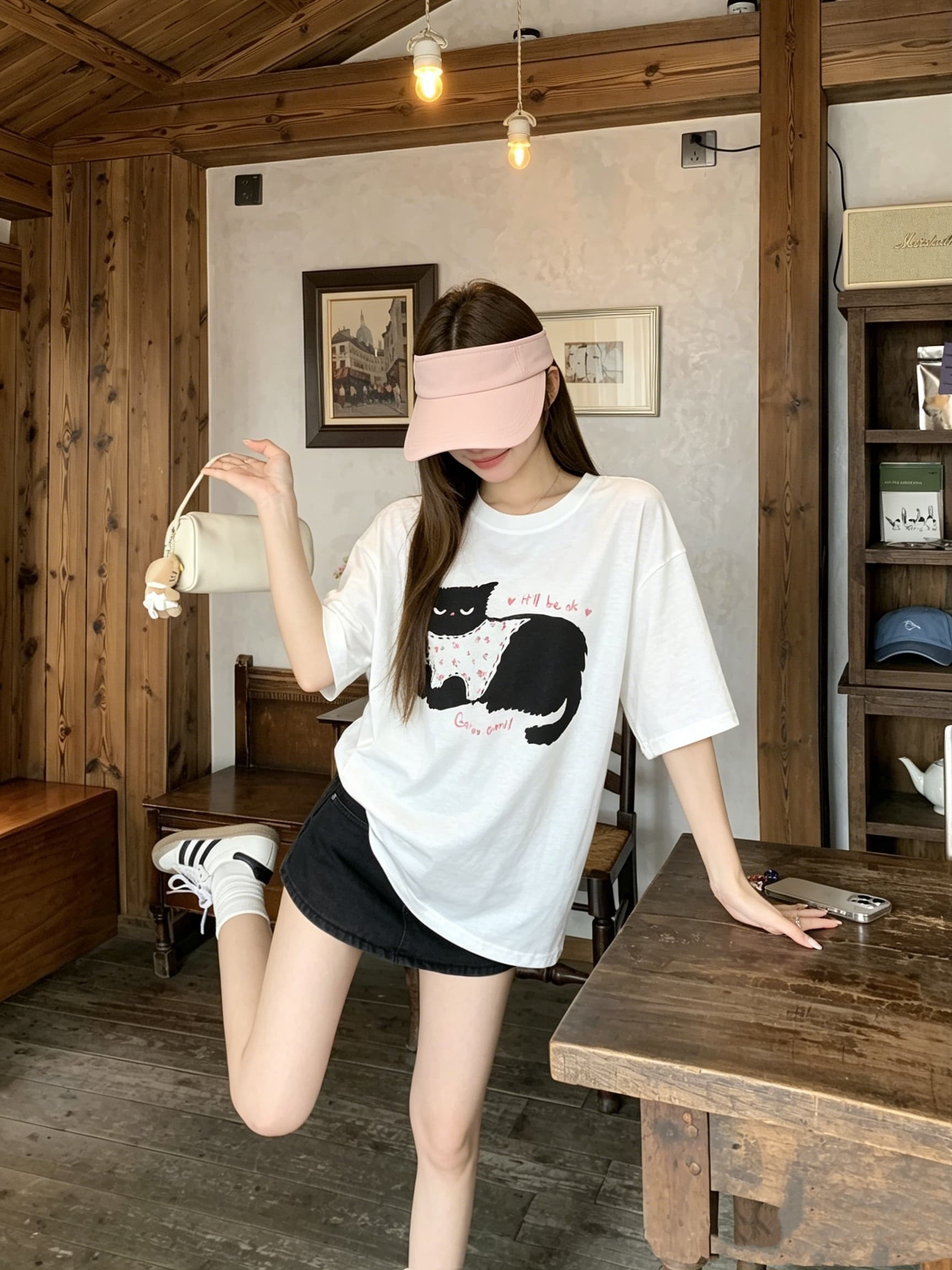 정가 실사 야옹 야옹 일기 고양이 프린트 라운드 넥 티셔츠 여성 여름 한 부서 귀여운 루즈핏 느긋한 센스 맨위 이미지 3