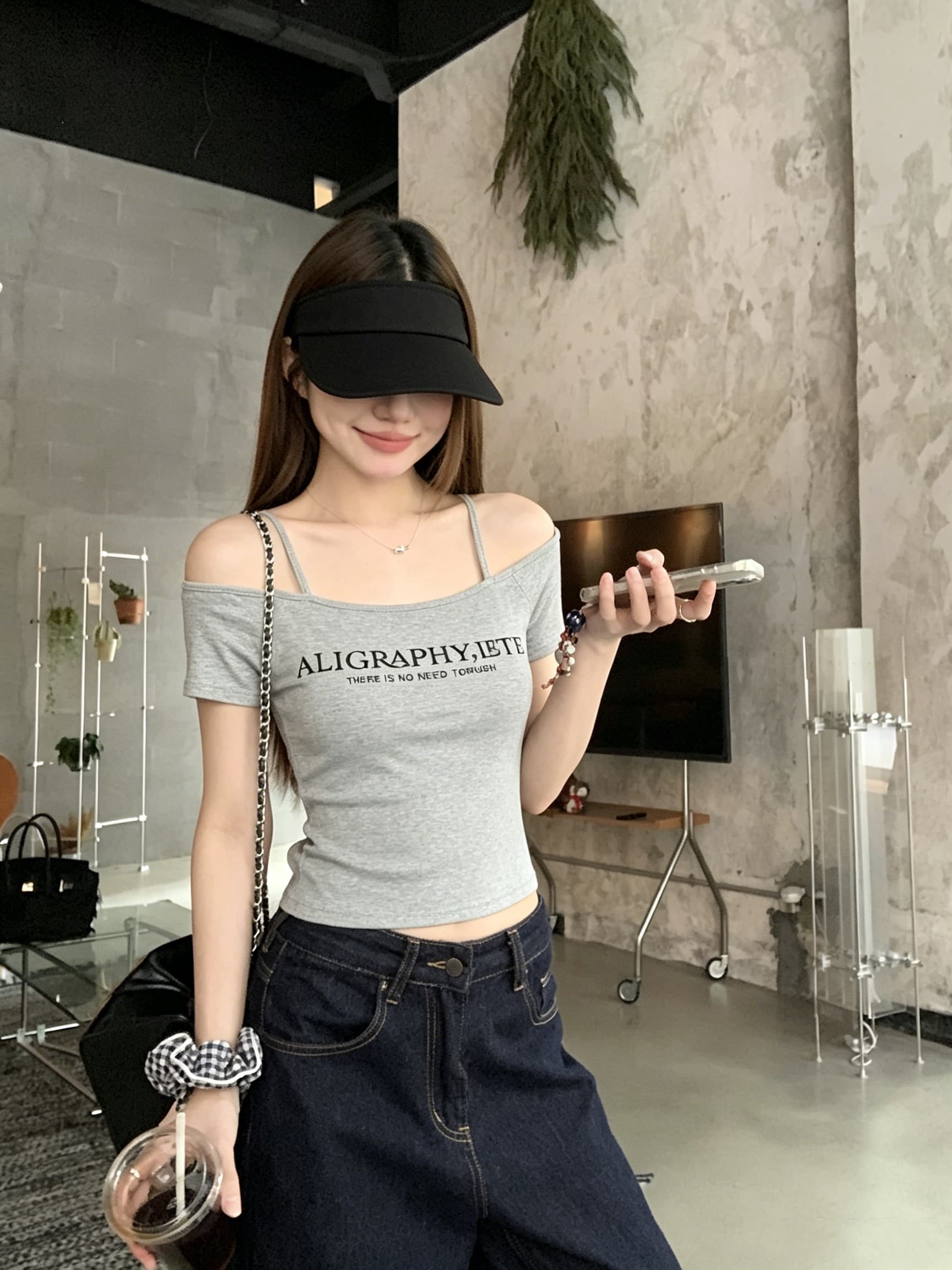 정가 실사 아메리칸 레트로 핫걸 비스듬한 어깨 반팔 티셔츠 여성 여름 순수한 욕망 바람 몸매 가꾸기 쇼트 스타일 허리 수축 맨위 상세 이미지 2
