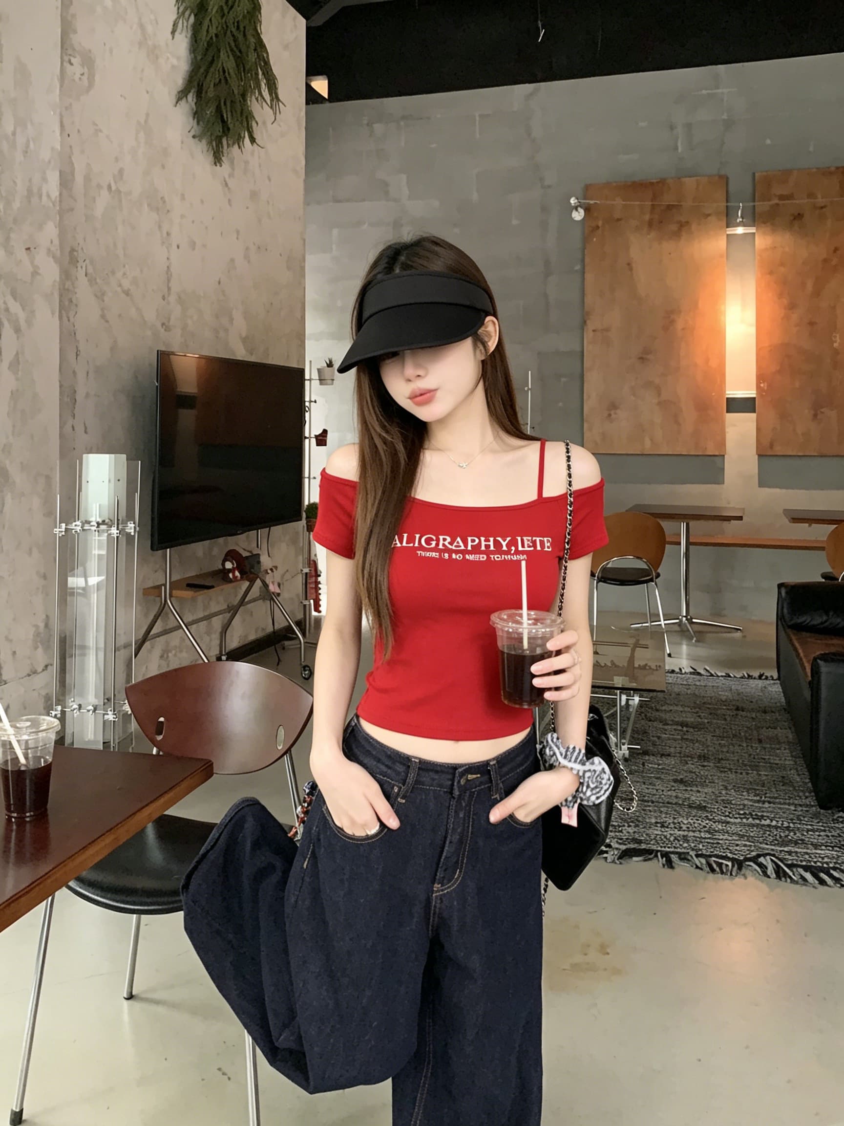 정가 실사 아메리칸 레트로 핫걸 비스듬한 어깨 반팔 티셔츠 여성 여름 순수한 욕망 바람 몸매 가꾸기 쇼트 스타일 허리 수축 맨위 상세 이미지 3