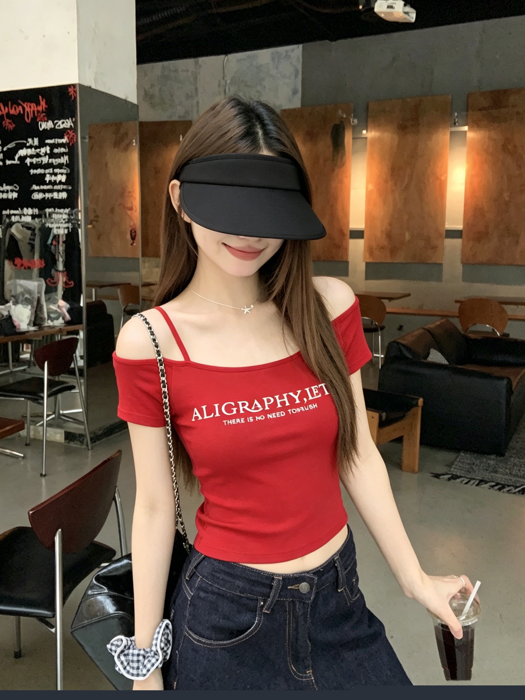 정가 실사 아메리칸 레트로 핫걸 비스듬한 어깨 반팔 티셔츠 여성 여름 순수한 욕망 바람 몸매 가꾸기 쇼트 스타일 허리 수축 맨위 상세 이미지 4