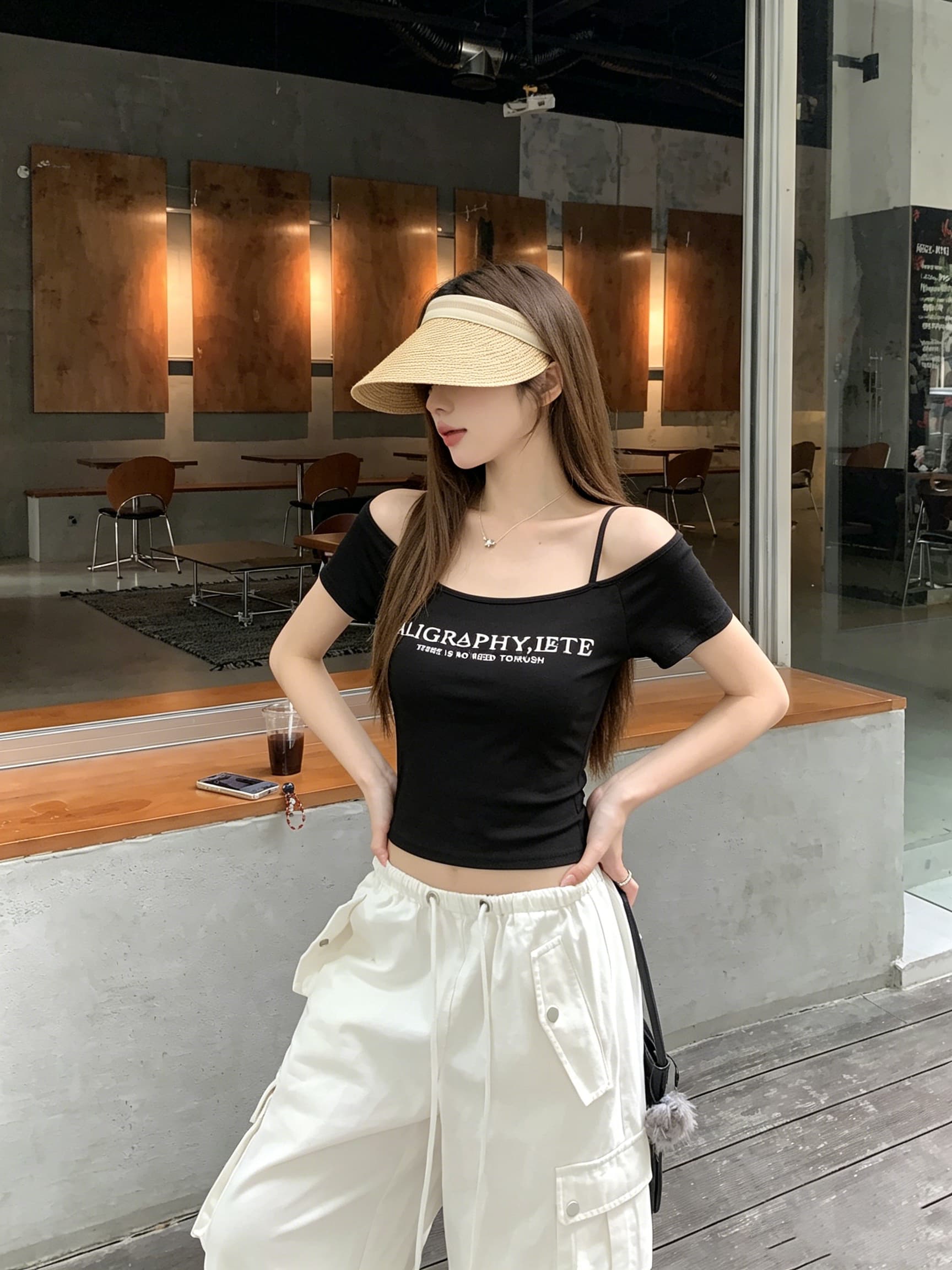 정가 실사 아메리칸 레트로 핫걸 비스듬한 어깨 반팔 티셔츠 여성 여름 순수한 욕망 바람 몸매 가꾸기 쇼트 스타일 허리 수축 맨위 상세 이미지 5