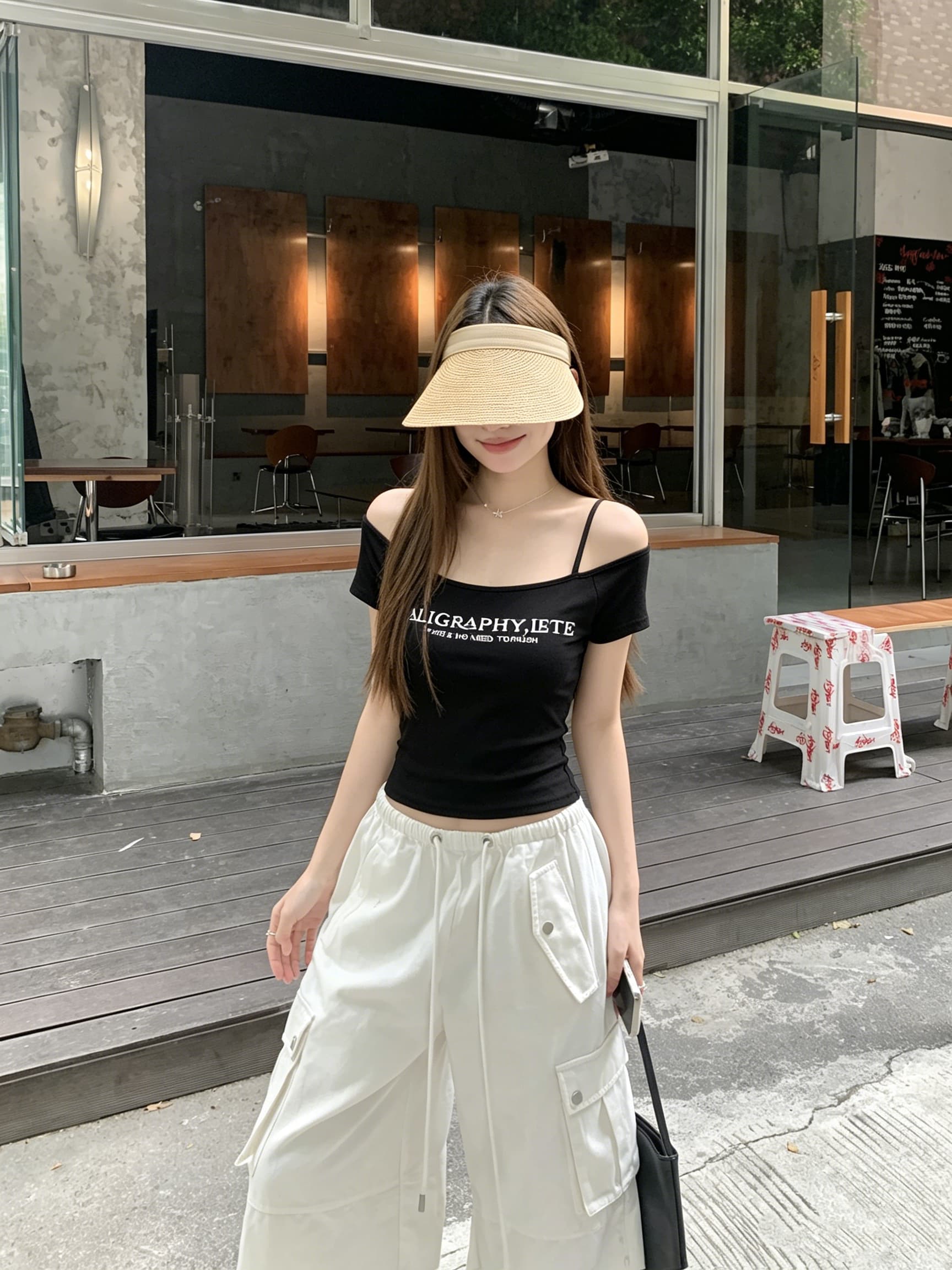 정가 실사 아메리칸 레트로 핫걸 비스듬한 어깨 반팔 티셔츠 여성 여름 순수한 욕망 바람 몸매 가꾸기 쇼트 스타일 허리 수축 맨위 상세 이미지 6