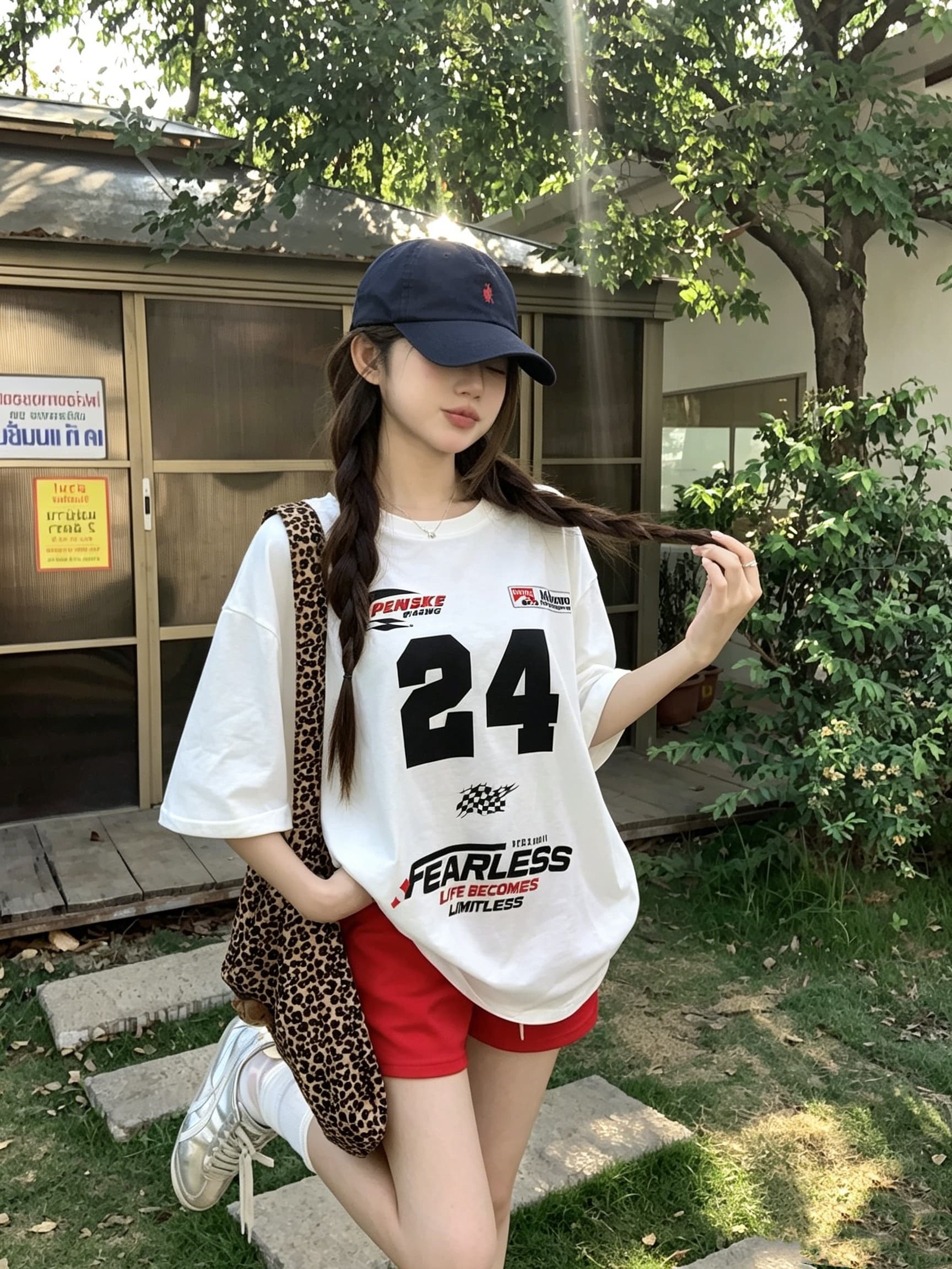 정가 실사 트랙 경향 화이트 루즈핏 프린트 티셔츠 여성 순면 캐주얼 대 에디션 가을 어깨 반팔 맨위 상세 이미지 5