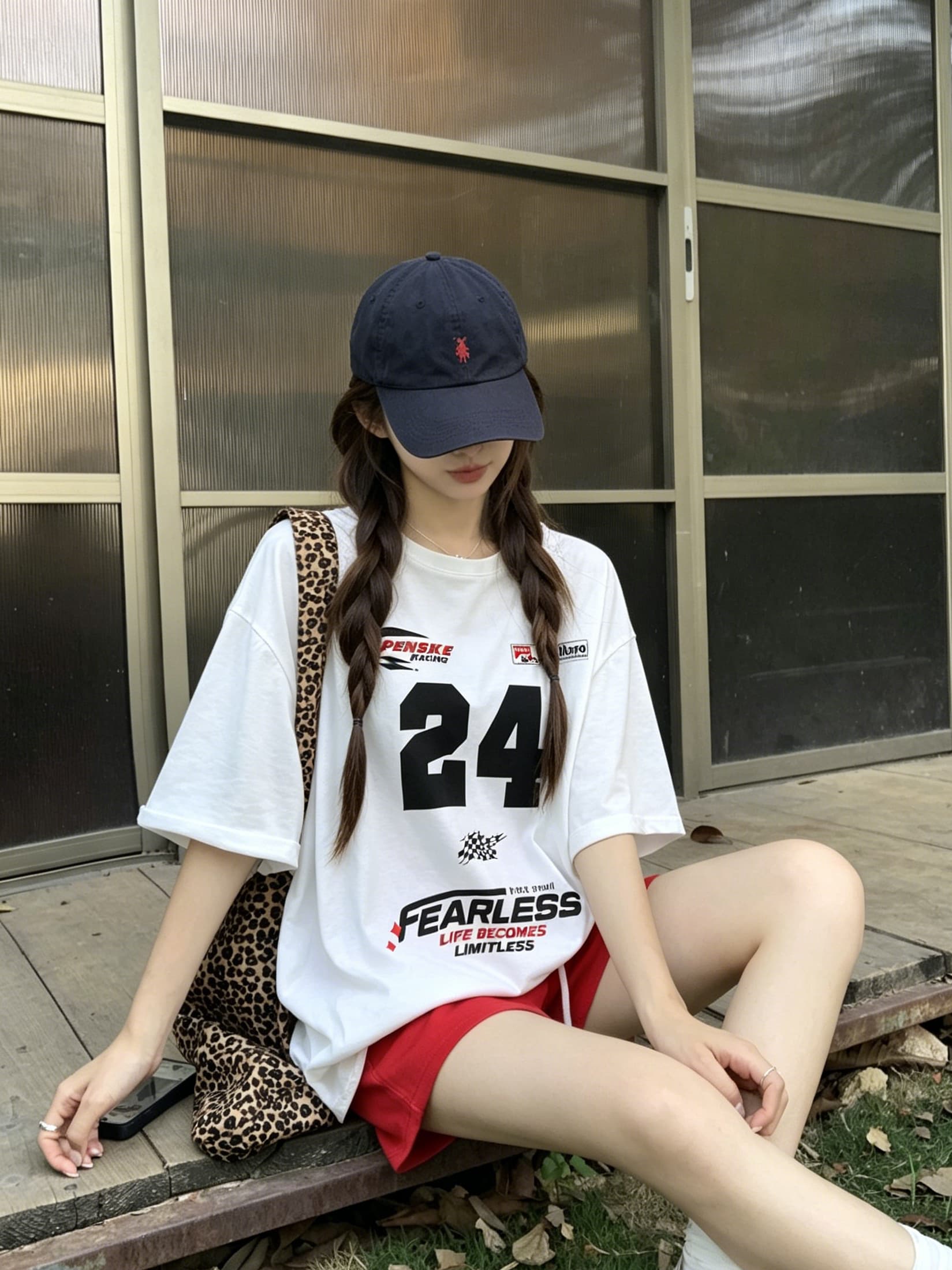 정가 실사 트랙 경향 화이트 루즈핏 프린트 티셔츠 여성 순면 캐주얼 대 에디션 가을 어깨 반팔 맨위 상세 이미지 6
