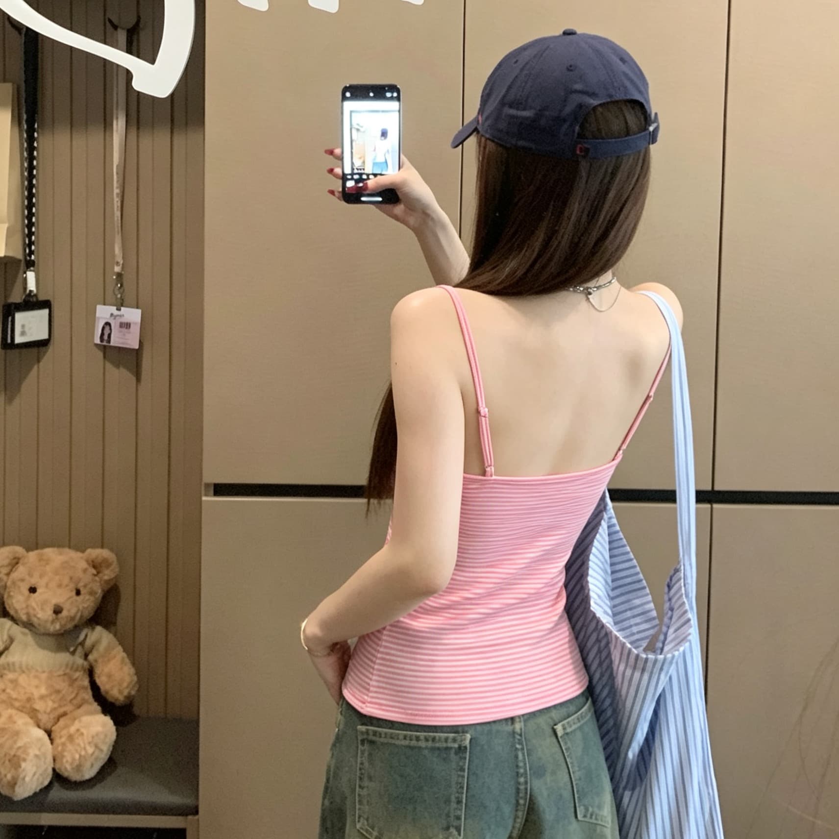 정가 실사 프릴 스트라이프 캐미솔 벨트 가슴 패드 몸매 가꾸기 슬림해 보이는 인사이드 가져 가라. 외출용 핫걸 바람 맨위 이미지 5
