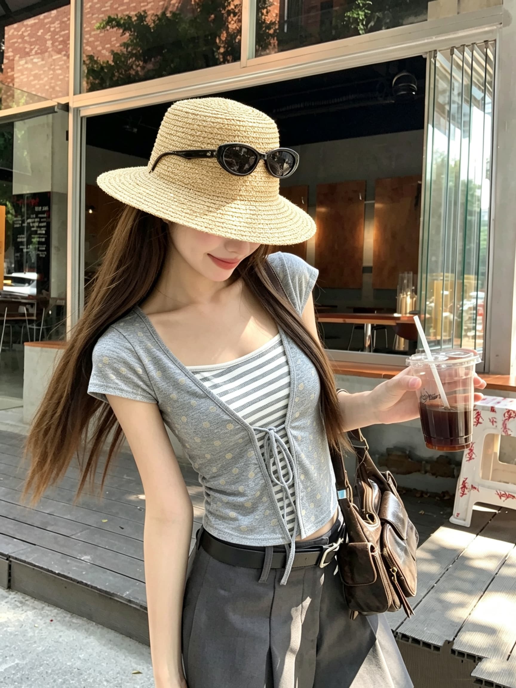 정가 실사 회색 도트 무늬 스트라이프 패치워크 페이크 레이어드 V넥 반팔 여성 여름 긍정적 인 어깨 티셔츠 디자인 센스 맨위 상세 이미지 5