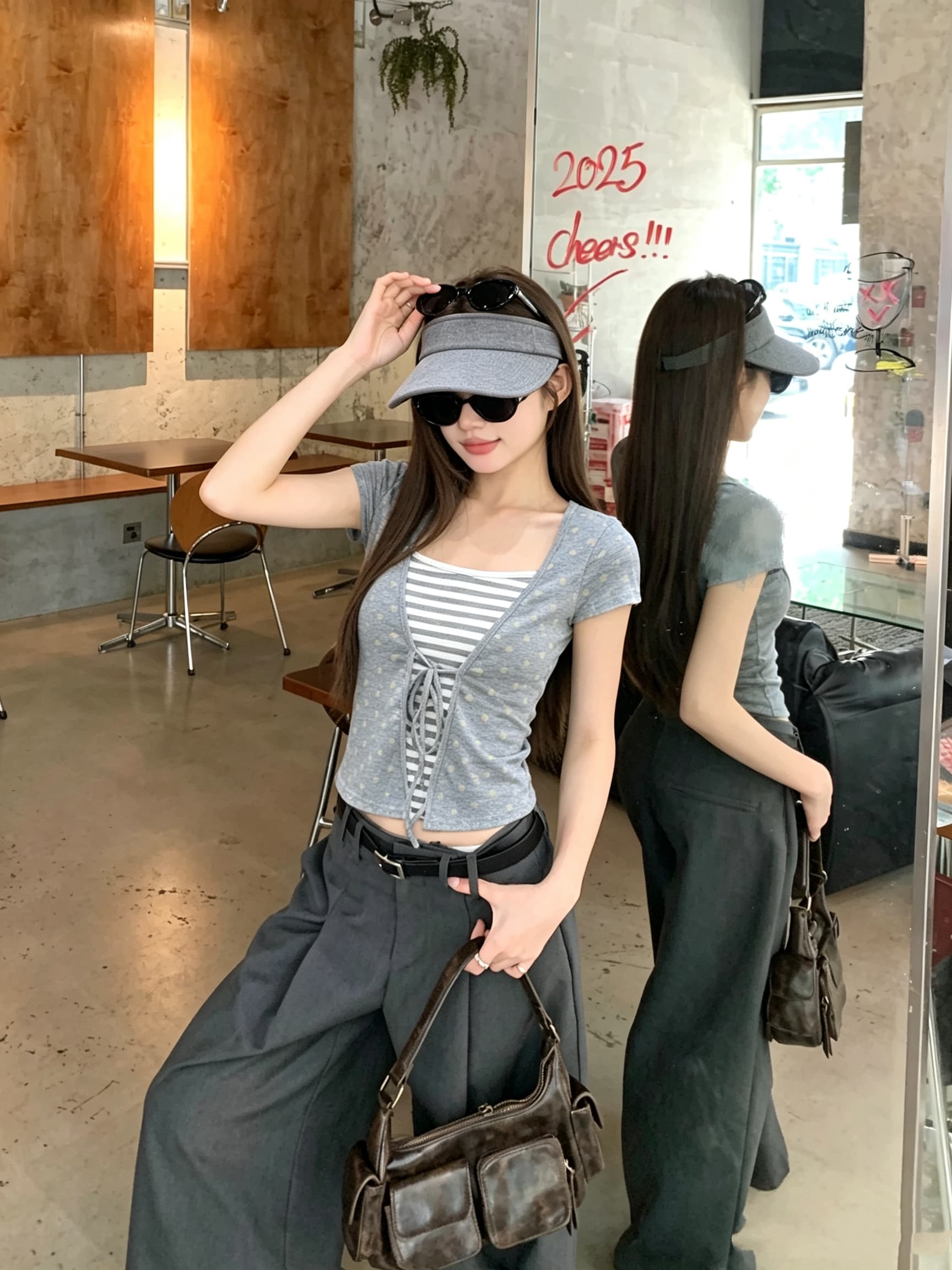 정가 실사 회색 도트 무늬 스트라이프 패치워크 페이크 레이어드 V넥 반팔 여성 여름 긍정적 인 어깨 티셔츠 디자인 센스 맨위 상세 이미지 10