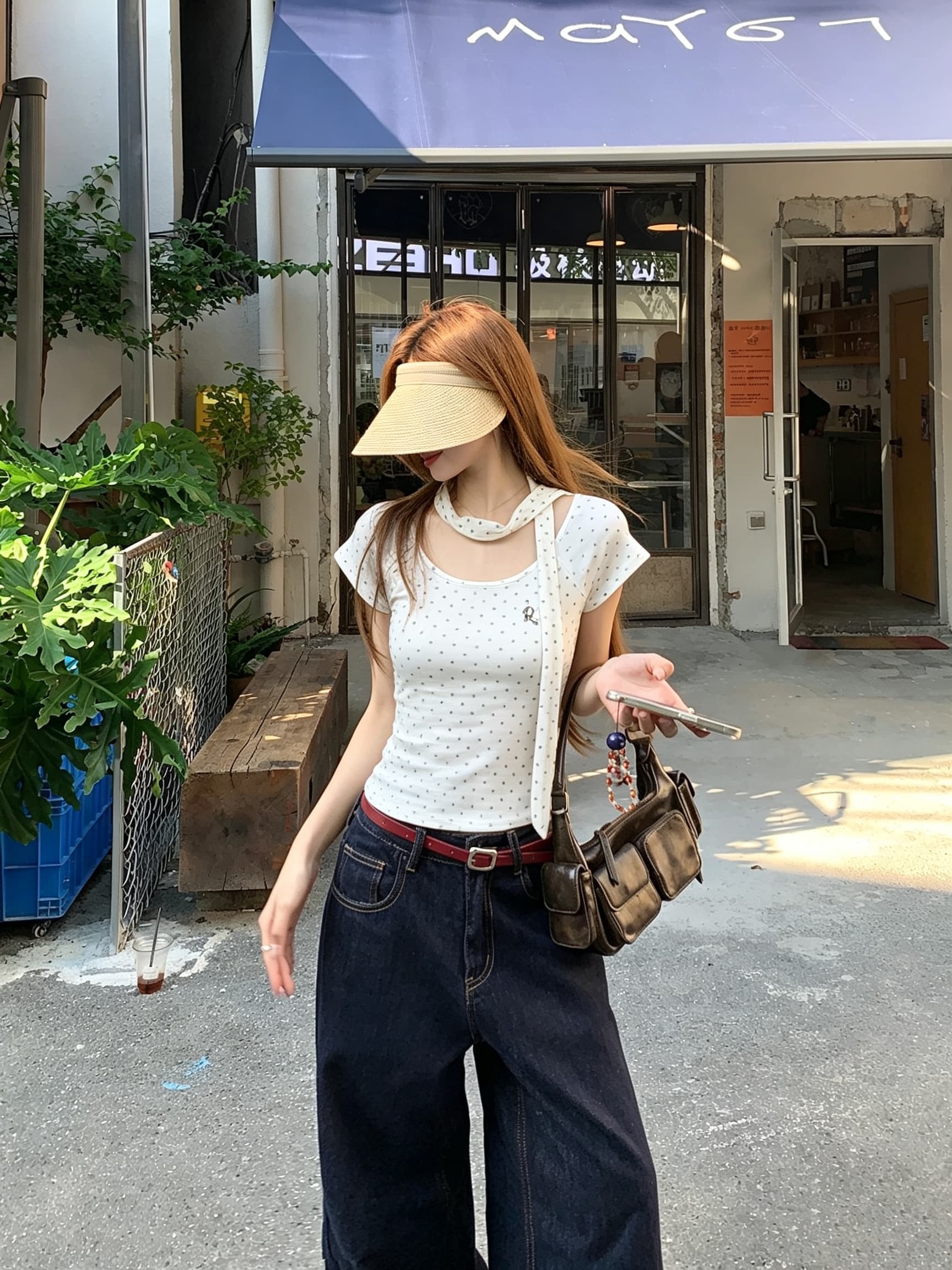 정가 실사 아메리칸 레트로 핫걸 이슬 쇄골 반팔 티셔츠 여름 순수한 욕망 bm 몸매 가꾸기 도트 무늬 쇼트 스타일 맨위 상세 이미지 1