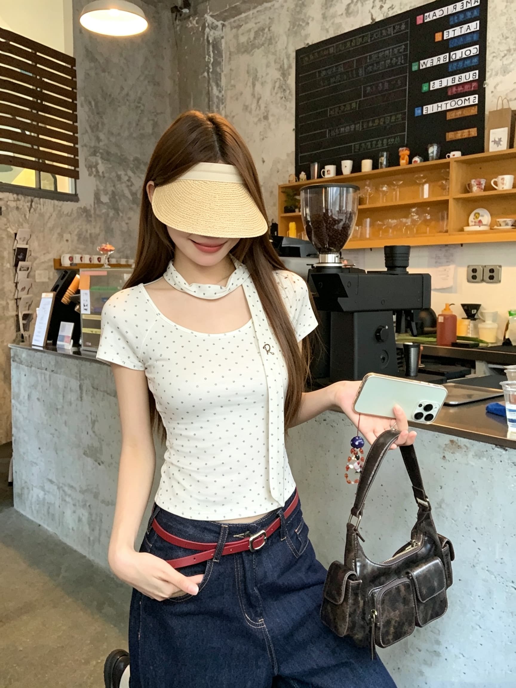 정가 실사 아메리칸 레트로 핫걸 이슬 쇄골 반팔 티셔츠 여름 순수한 욕망 bm 몸매 가꾸기 도트 무늬 쇼트 스타일 맨위 상세 이미지 2