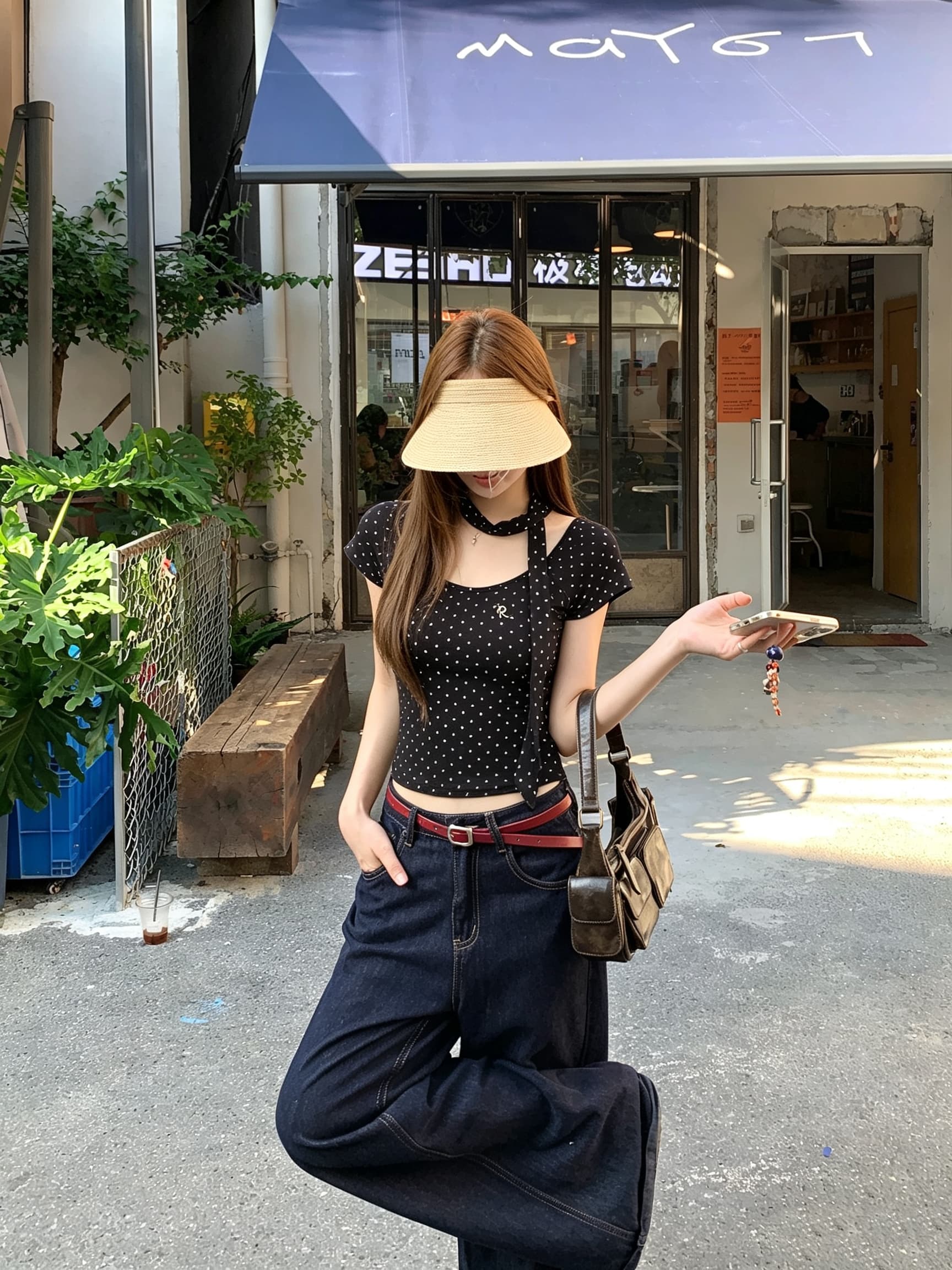 정가 실사 아메리칸 레트로 핫걸 이슬 쇄골 반팔 티셔츠 여름 순수한 욕망 bm 몸매 가꾸기 도트 무늬 쇼트 스타일 맨위 상세 이미지 5