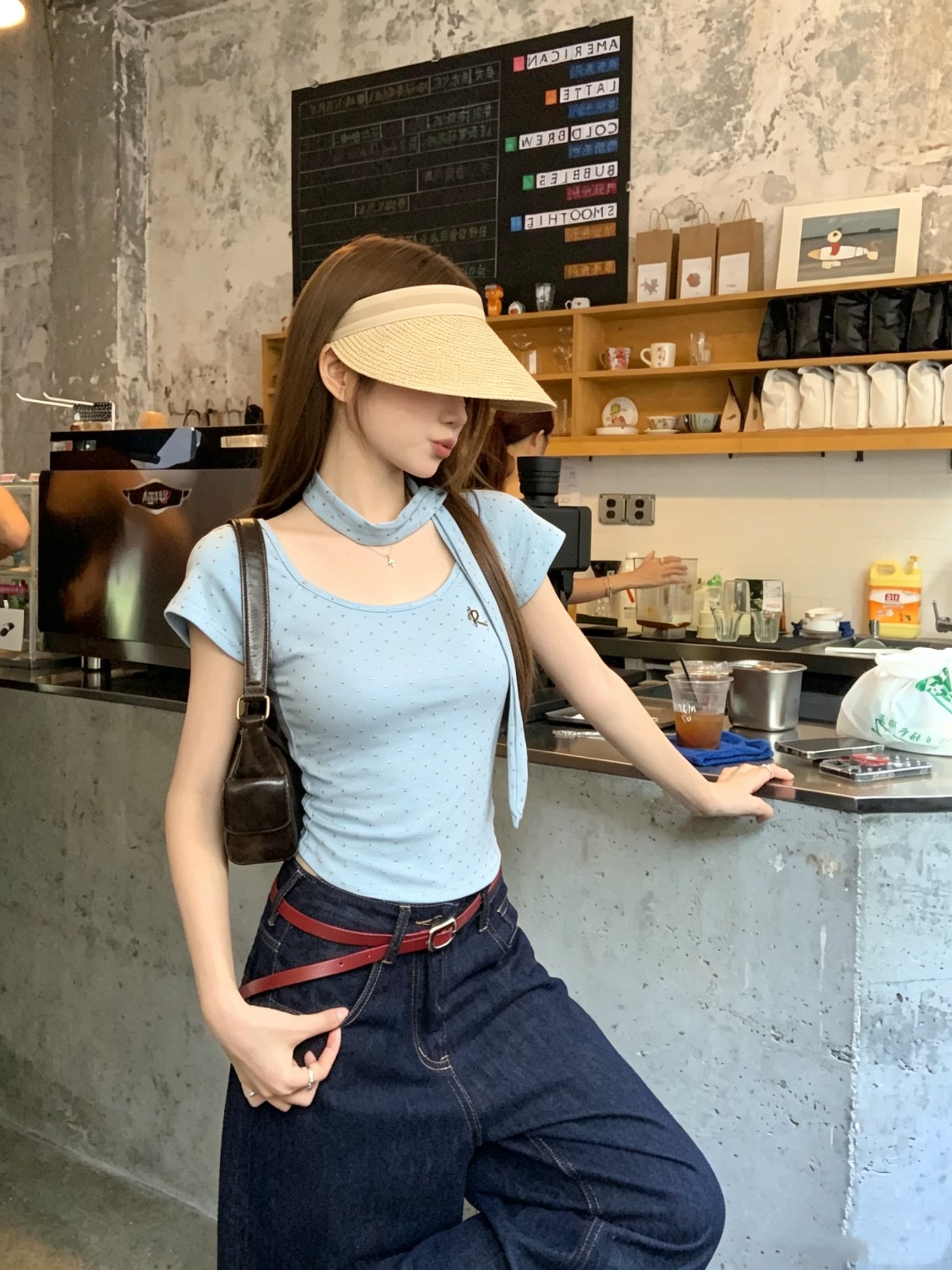정가 실사 아메리칸 레트로 핫걸 이슬 쇄골 반팔 티셔츠 여름 순수한 욕망 bm 몸매 가꾸기 도트 무늬 쇼트 스타일 맨위 상세 이미지 10