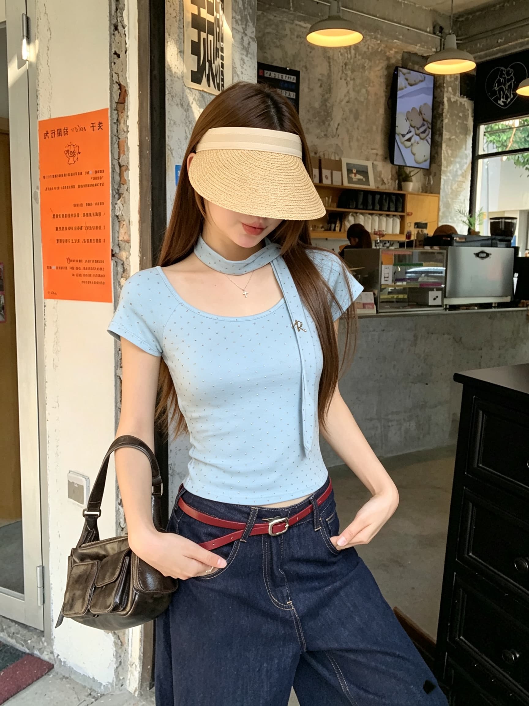 정가 실사 아메리칸 레트로 핫걸 이슬 쇄골 반팔 티셔츠 여름 순수한 욕망 bm 몸매 가꾸기 도트 무늬 쇼트 스타일 맨위 상세 이미지 11