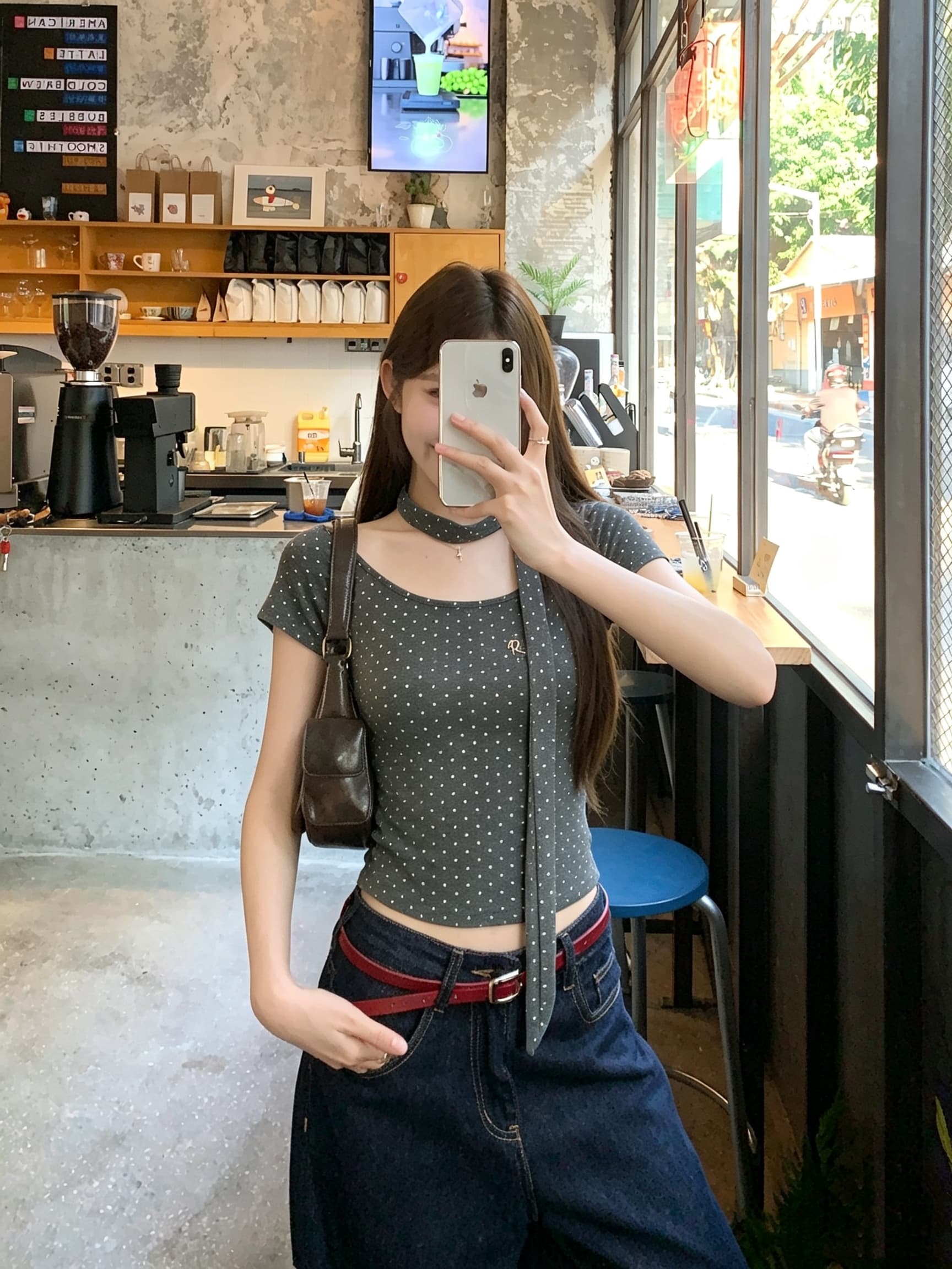 정가 실사 아메리칸 레트로 핫걸 이슬 쇄골 반팔 티셔츠 여름 순수한 욕망 bm 몸매 가꾸기 도트 무늬 쇼트 스타일 맨위 이미지 2