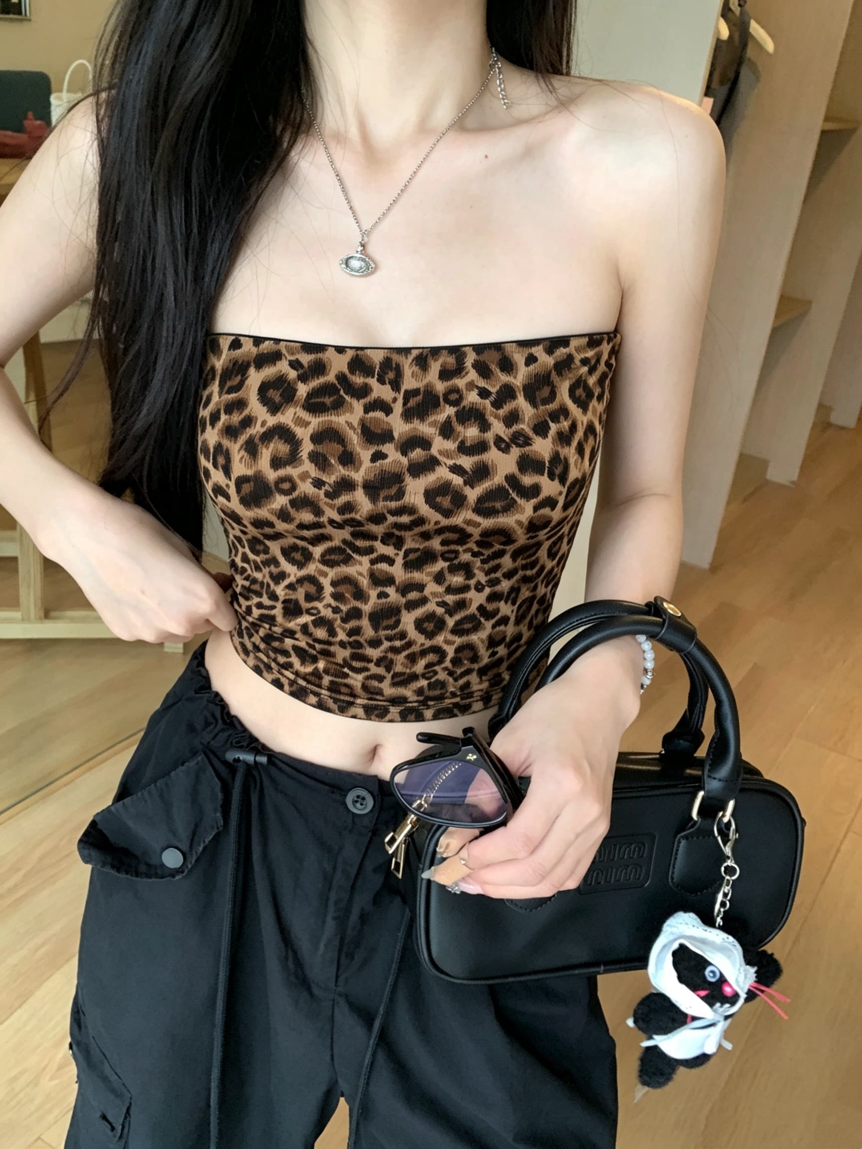 정가 실사 순수한 욕망 바람 레트로 레오파드 무늬 오프숄더 튜브탑 조끼 섹시함 품격 몸매 가꾸기 쇼트 스타일 민소매 맨위 상세 이미지 3