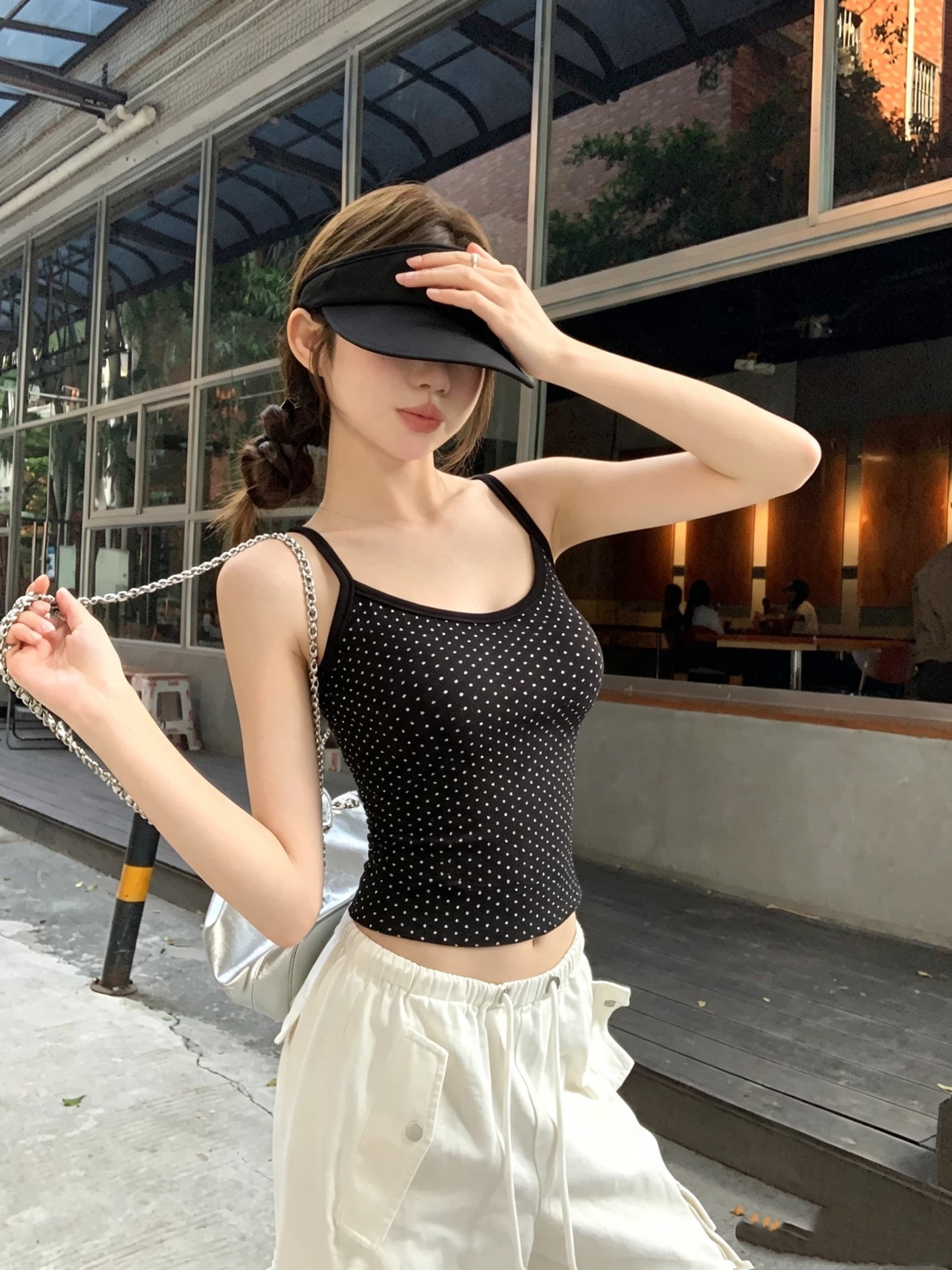 정가 실사 아메리칸 레트로 핫걸 레트로 도트 무늬 캐미솔 여름 몸매 가꾸기 벨트 가슴 패드 아름다움 뒤쪽에 의류 이미지 3