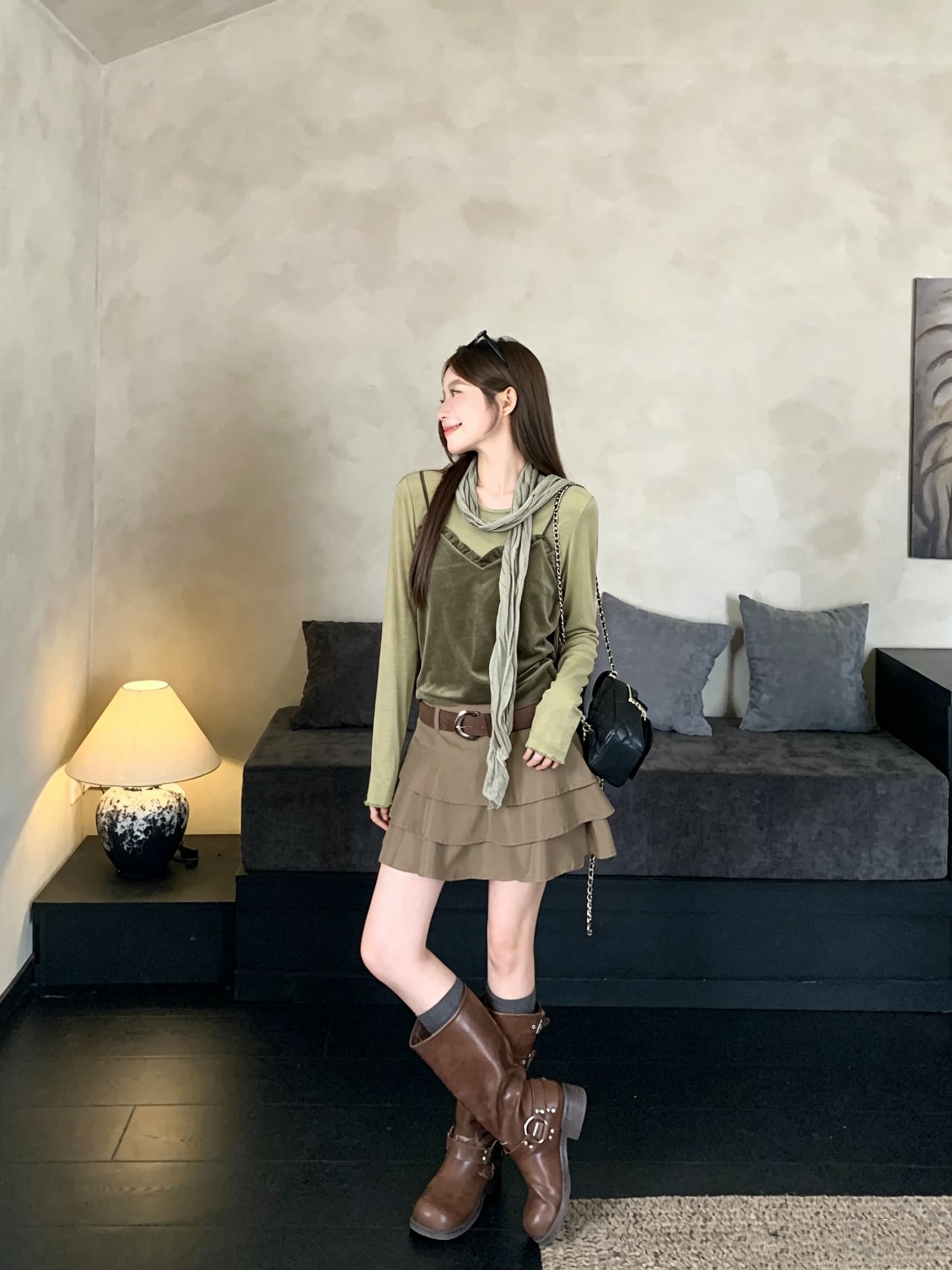 정가 실사 가을 새로운 페이크 레이어드 녹색 패션 품격 다용도 슬림해 보이는 맨위 한 부서 작은 셔츠 경기 스카프 상세 이미지 7