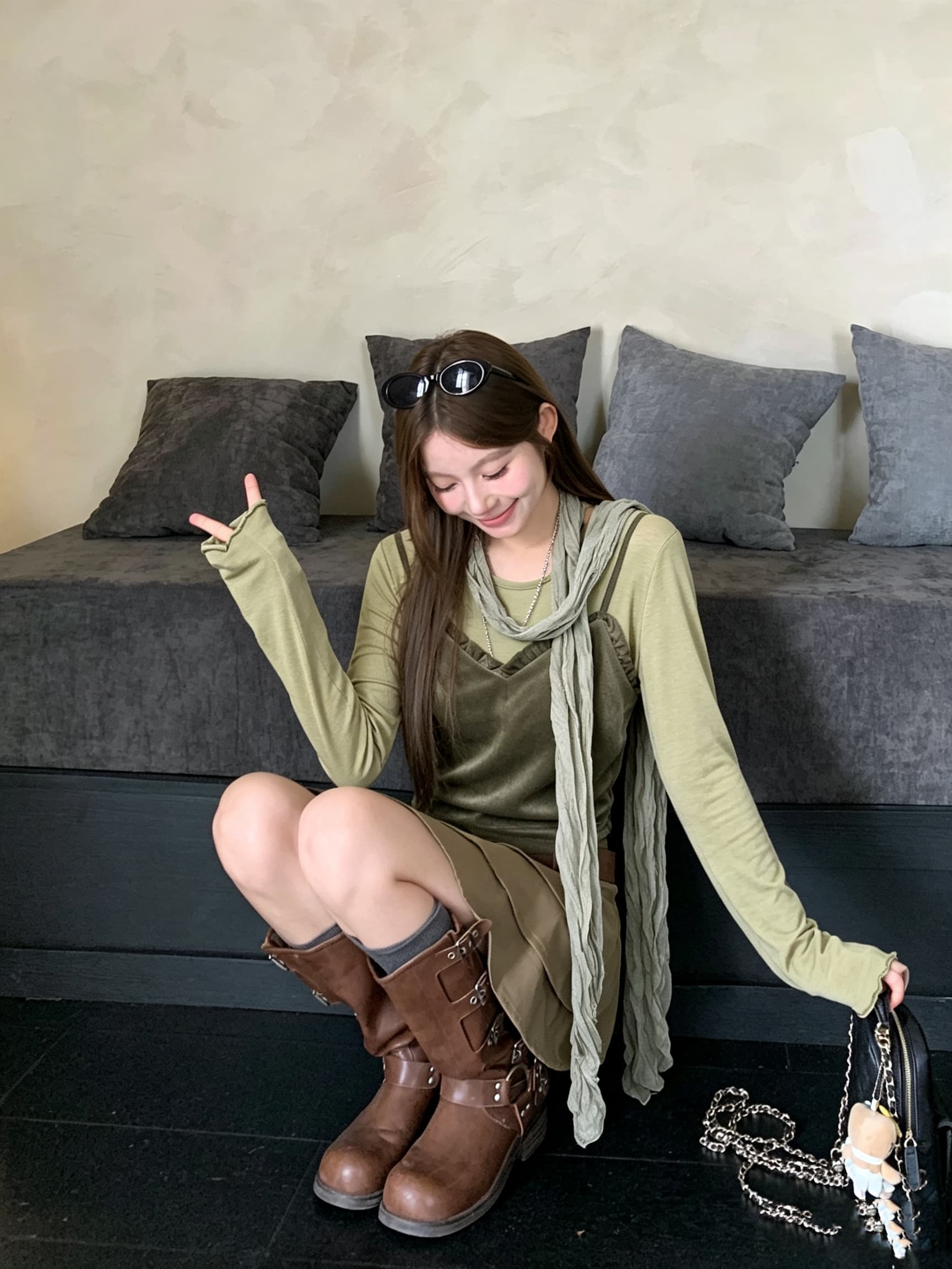 정가 실사 가을 새로운 페이크 레이어드 녹색 패션 품격 다용도 슬림해 보이는 맨위 한 부서 작은 셔츠 경기 스카프 이미지 4
