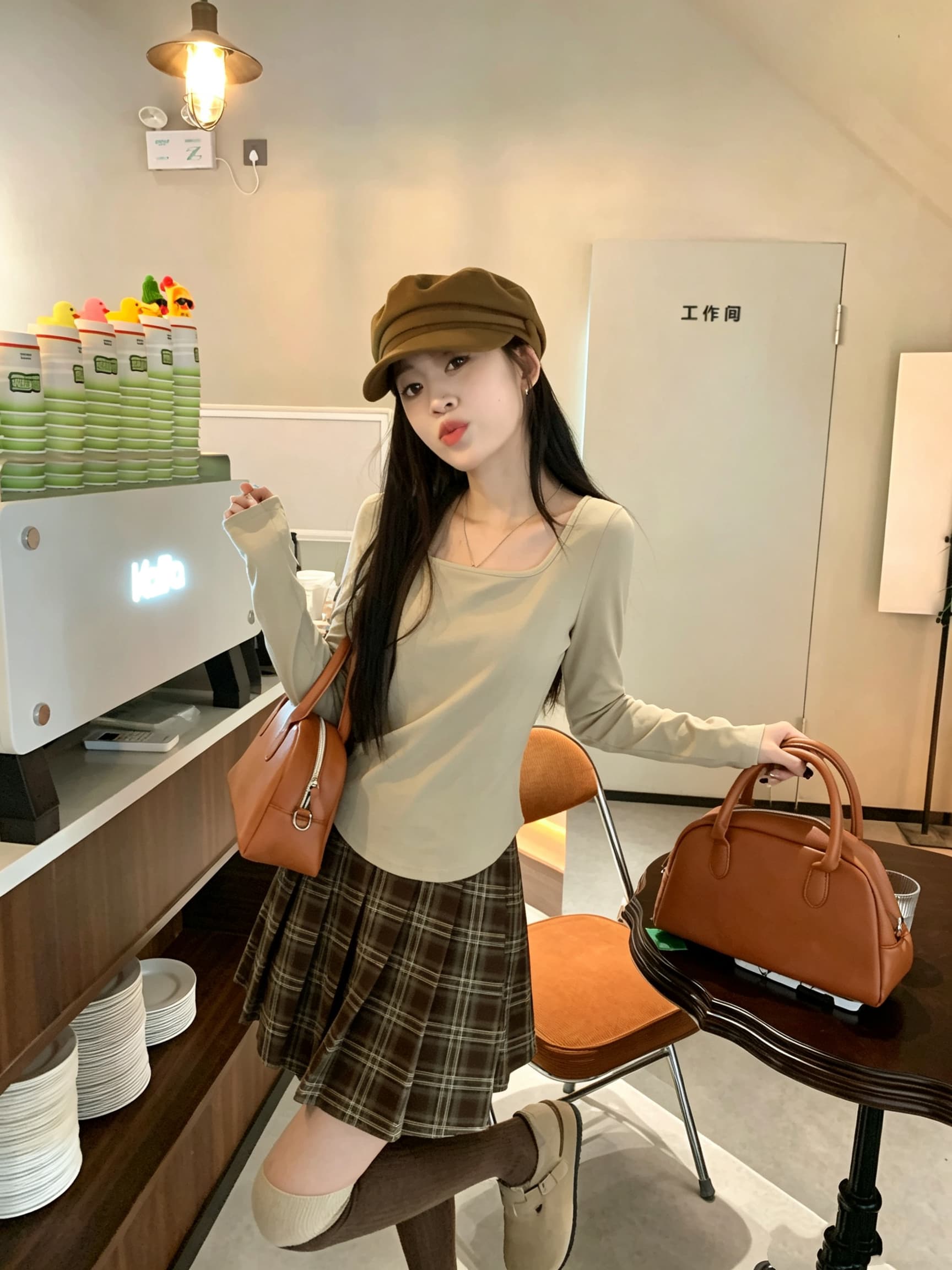 정가 실사 밀크 티 색상 다용도 꼬집기 허리 t 광장 칼라 티셔츠 한 부서 몸매 가꾸기 슬림해 보이는 고유 한 Chic 긴팔 맨위 상세 이미지 3