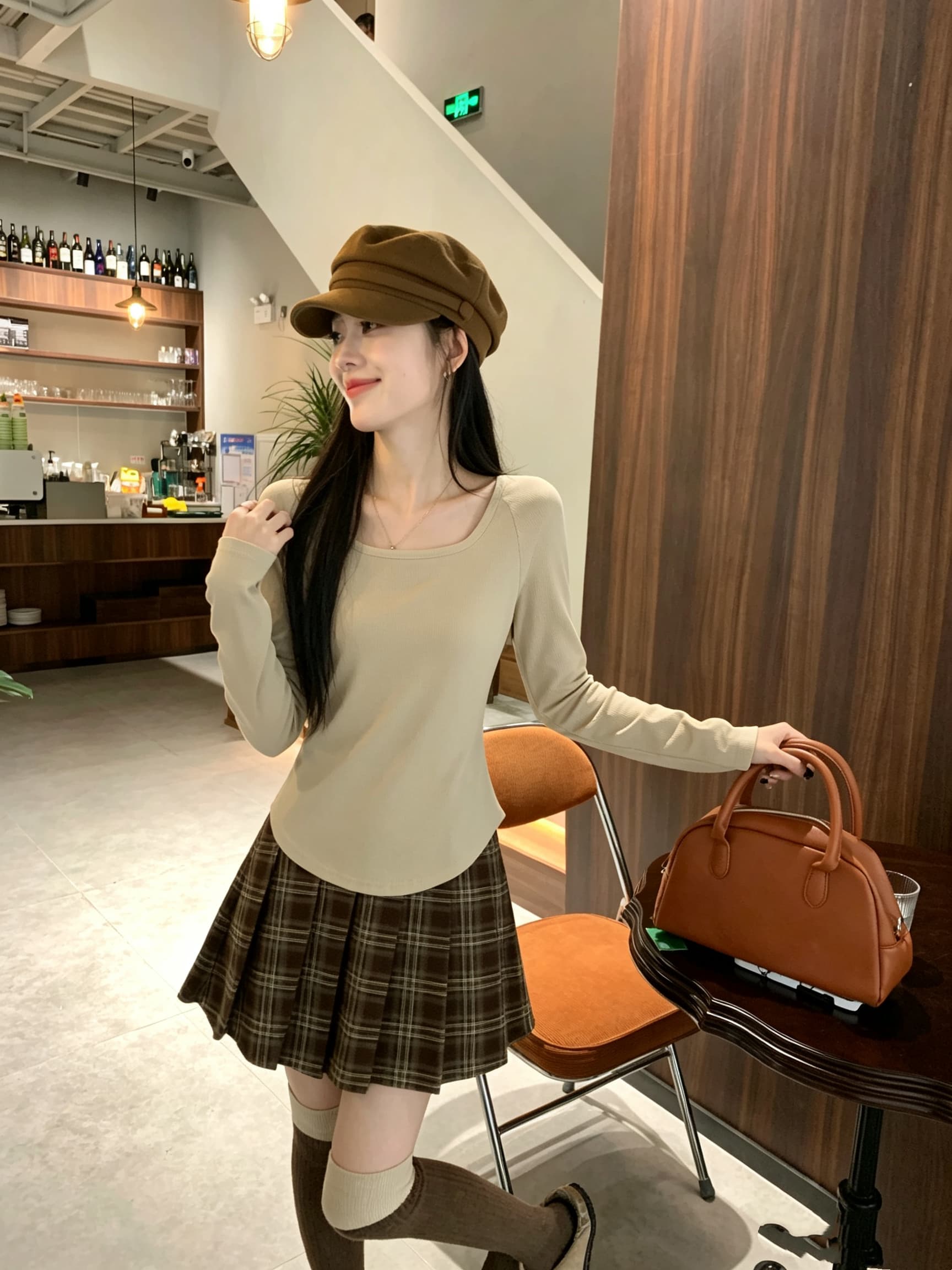 정가 실사 밀크 티 색상 다용도 꼬집기 허리 t 광장 칼라 티셔츠 한 부서 몸매 가꾸기 슬림해 보이는 고유 한 Chic 긴팔 맨위 상세 이미지 6