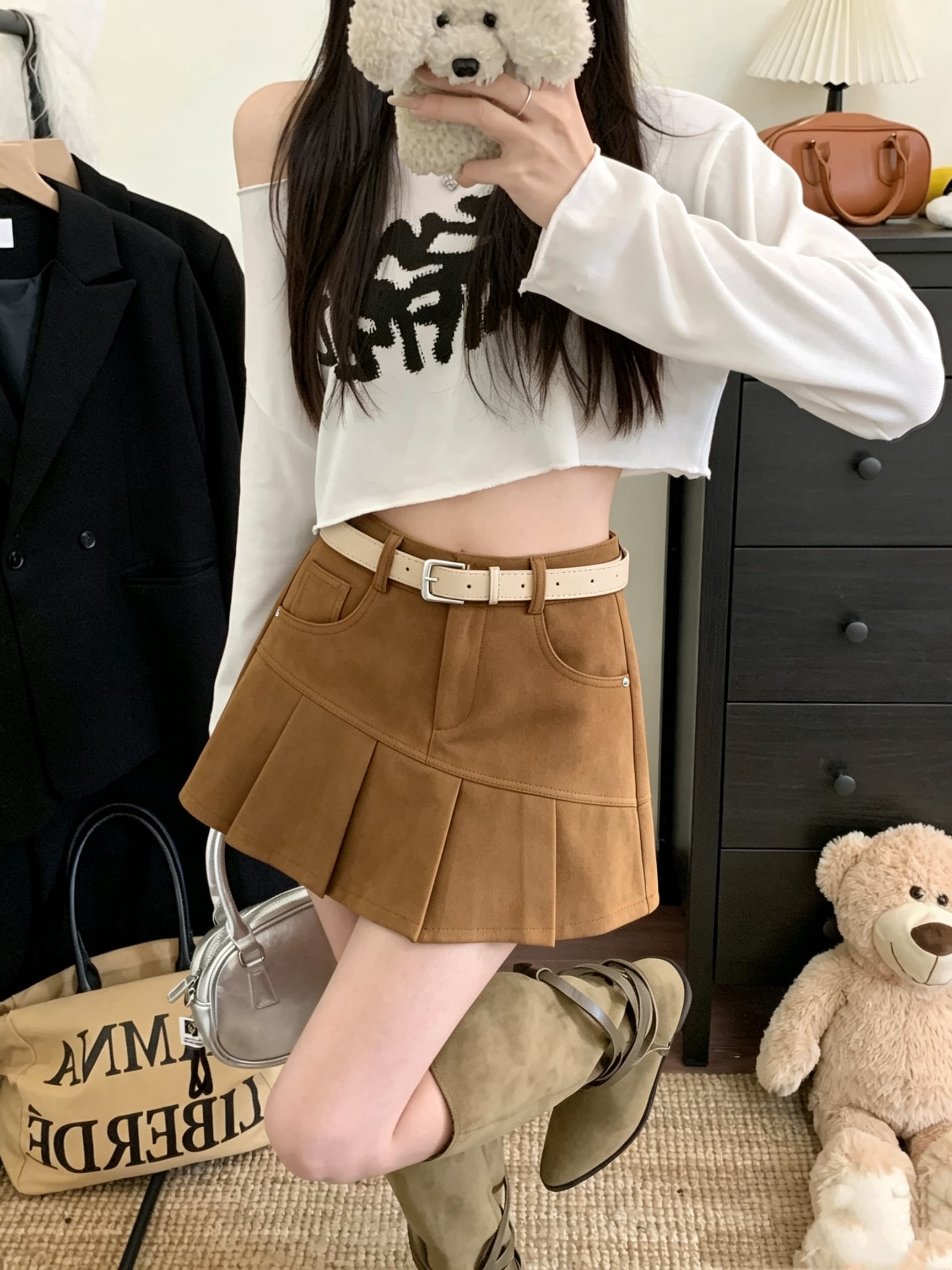 정가 실사 하이웨이스트 스웨이드 한 마디 플리츠 미니 스커트 여성 가을 슬림해 보이는 다용도 캐주얼 소녀 패션 반신 스커트 상세 이미지 4