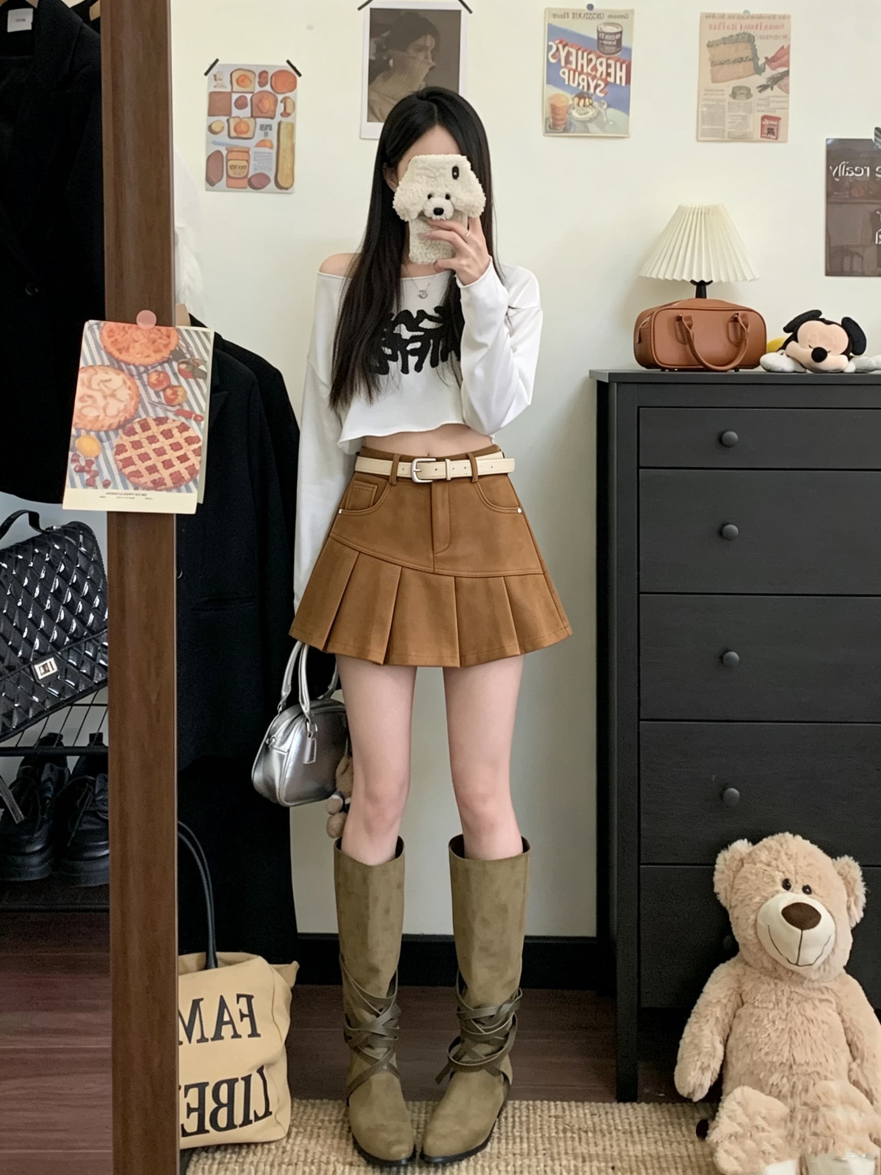 정가 실사 하이웨이스트 스웨이드 한 마디 플리츠 미니 스커트 여성 가을 슬림해 보이는 다용도 캐주얼 소녀 패션 반신 스커트 상세 이미지 6