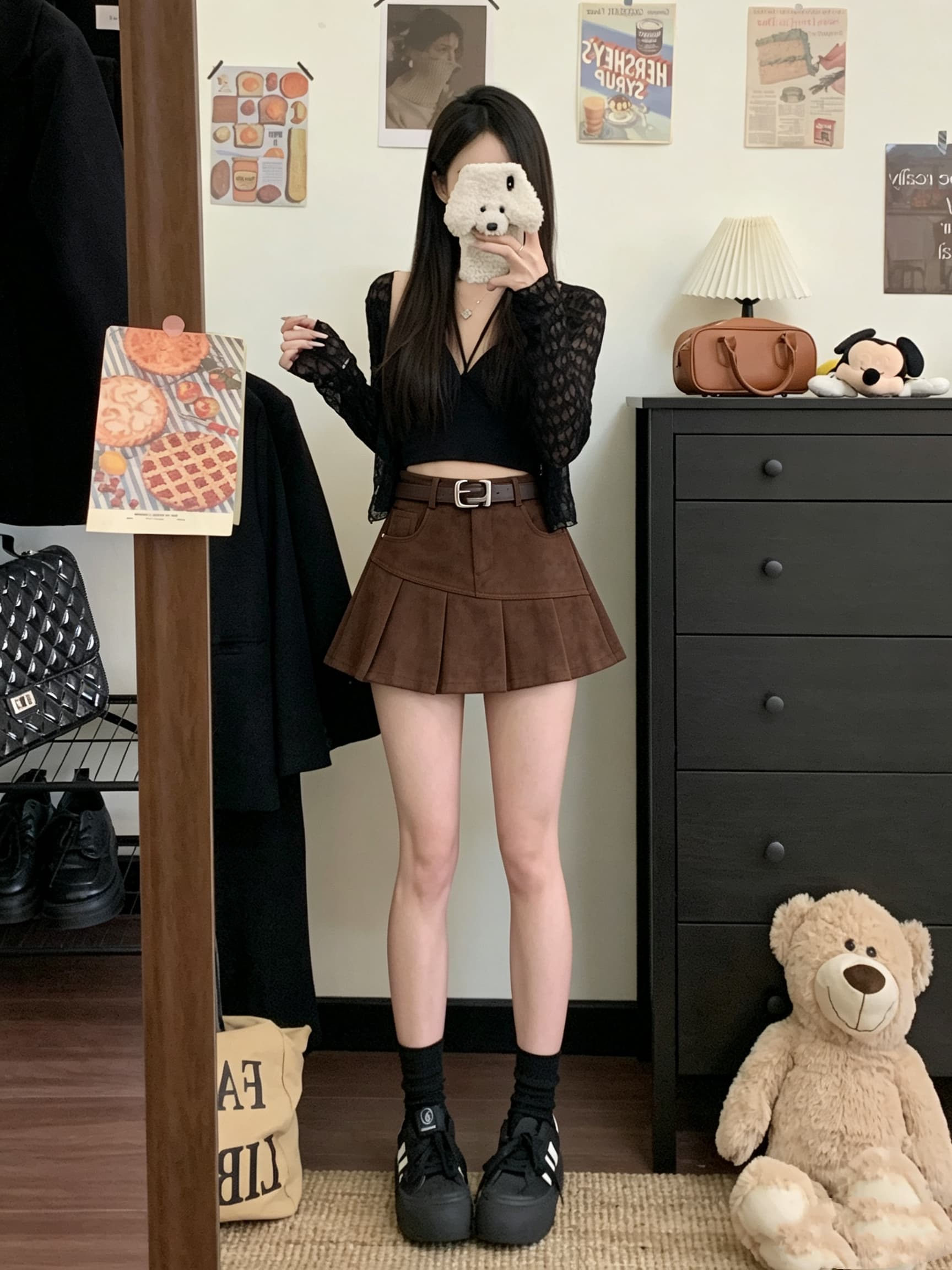 정가 실사 하이웨이스트 스웨이드 한 마디 플리츠 미니 스커트 여성 가을 슬림해 보이는 다용도 캐주얼 소녀 패션 반신 스커트 상세 이미지 13