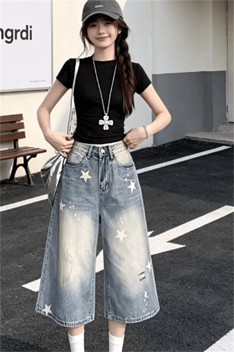 아메리칸 레트로 별 프린트 7 점 청바지 여성 여름 8 점 무릎 아래 바지 스트레이트 벽오동 넓은 다리가 짧다. 바지 상세 이미지 2