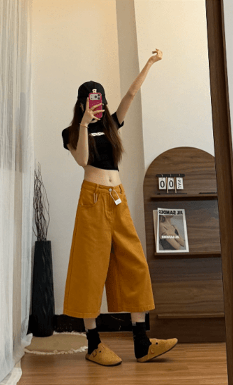 데님 7부 바지 여성 여름 얇은 스타일 작은 키 슬림해 보이는 넓은 다리가 짧다. 바지 도파민 주황색 다용도 캐주얼 바지 이미지 2
