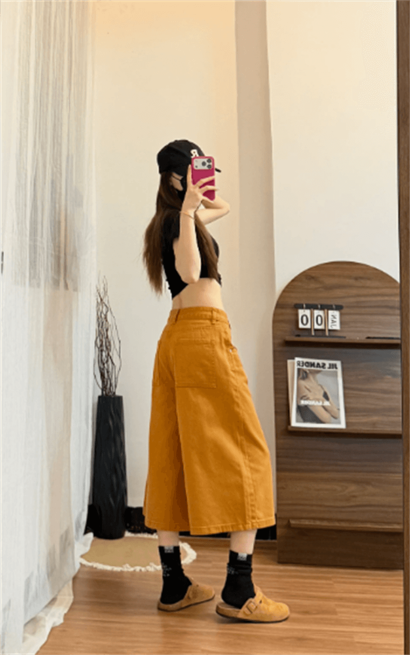 데님 7부 바지 여성 여름 얇은 스타일 작은 키 슬림해 보이는 넓은 다리가 짧다. 바지 도파민 주황색 다용도 캐주얼 바지 이미지 4