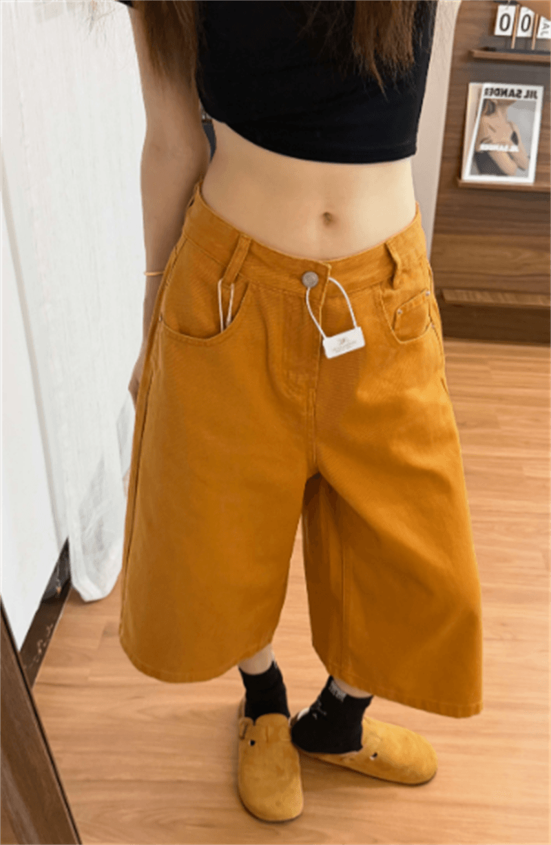 데님 7부 바지 여성 여름 얇은 스타일 작은 키 슬림해 보이는 넓은 다리가 짧다. 바지 도파민 주황색 다용도 캐주얼 바지 이미지 3